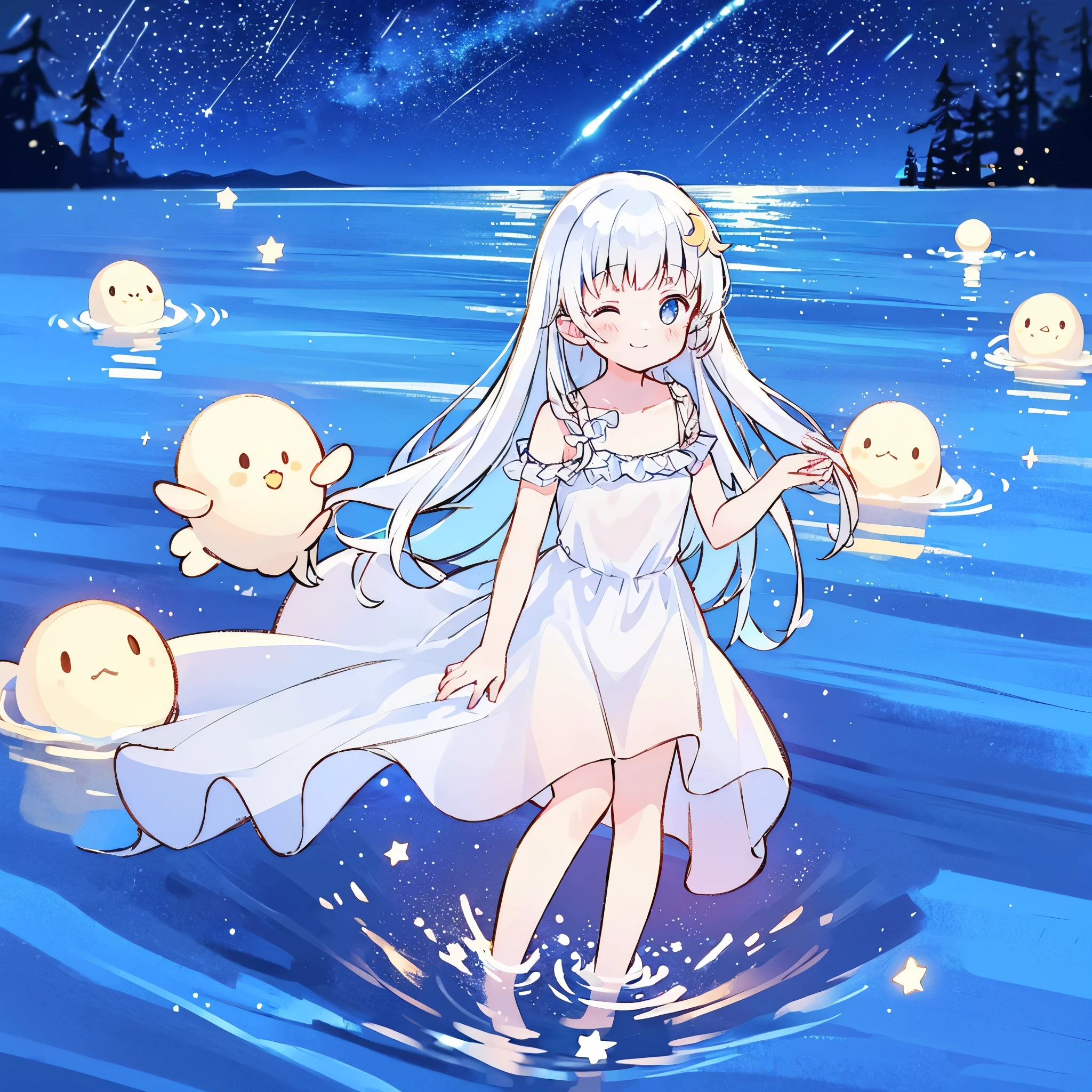 an ocean of stars, night sky, colorful, ethereal, charming girl in a white sheer doll dress, white hair, walking on the water, Her smile was filled with tenderness and joy, giant crescent white moon dipping into the water in the background, (((((((stars))))))