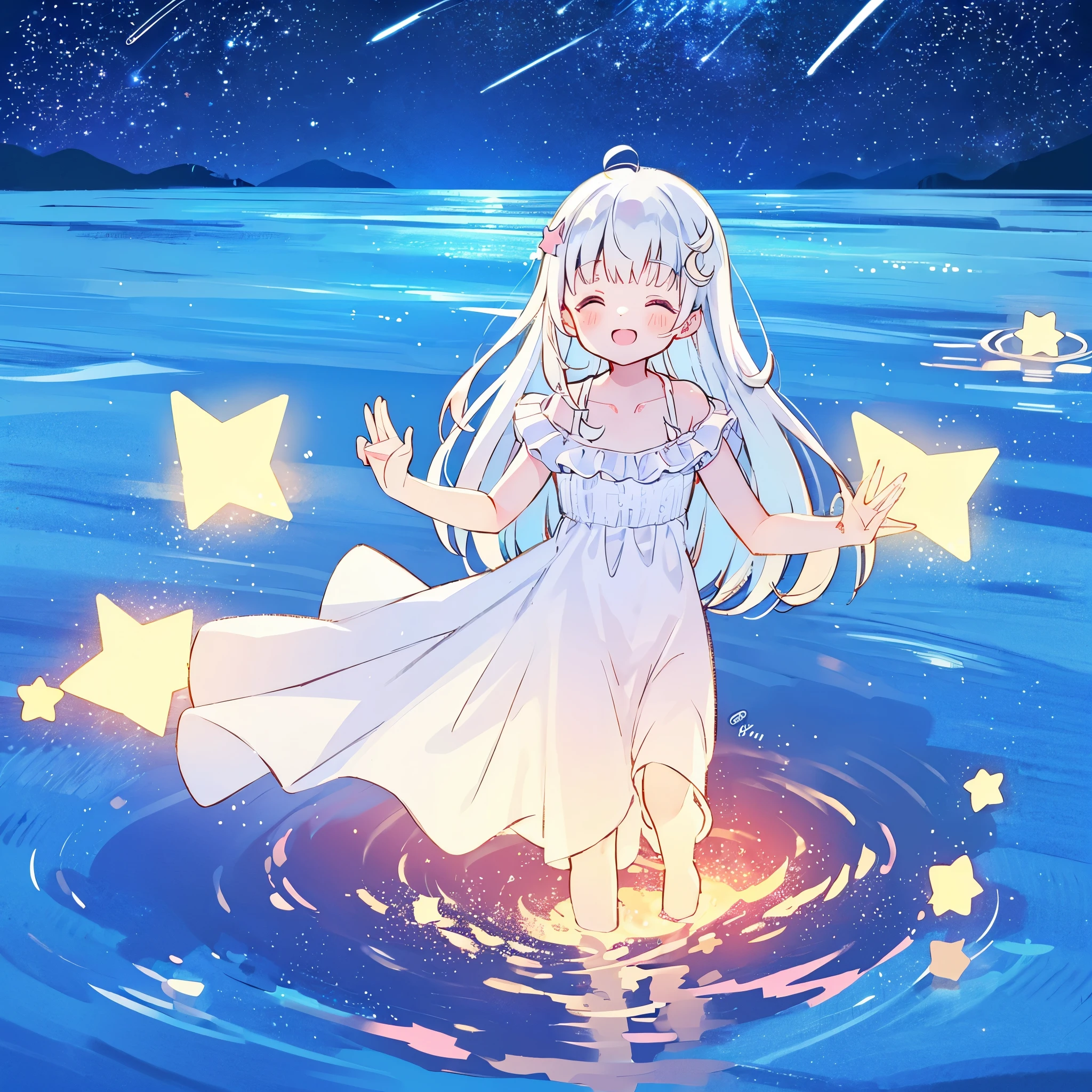 an ocean of stars, night sky, colorful, ethereal, charming girl in a white sheer babydoll dress, white hair, walking on the water, Her smile was filled with tenderness and joy, giant crescent white moon dipping into the water in the background, (((((((stars))))))