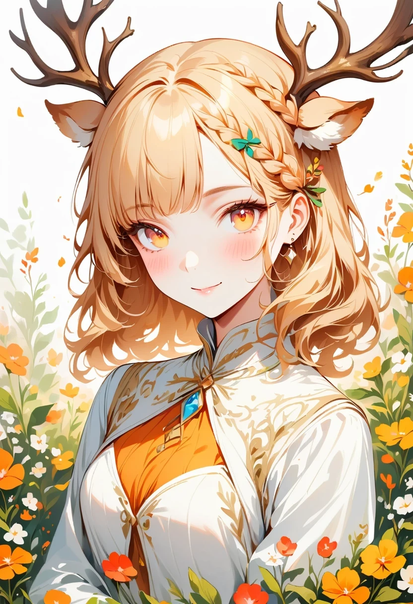 best quality,masterpiece, 1 girl, alone, model shoot, Astonishing, Alina, (((wear))), antlers, deer ears, Look at users, Smile, blush, hairpin,(( braid)), hair accessories, ((hairpin)),
