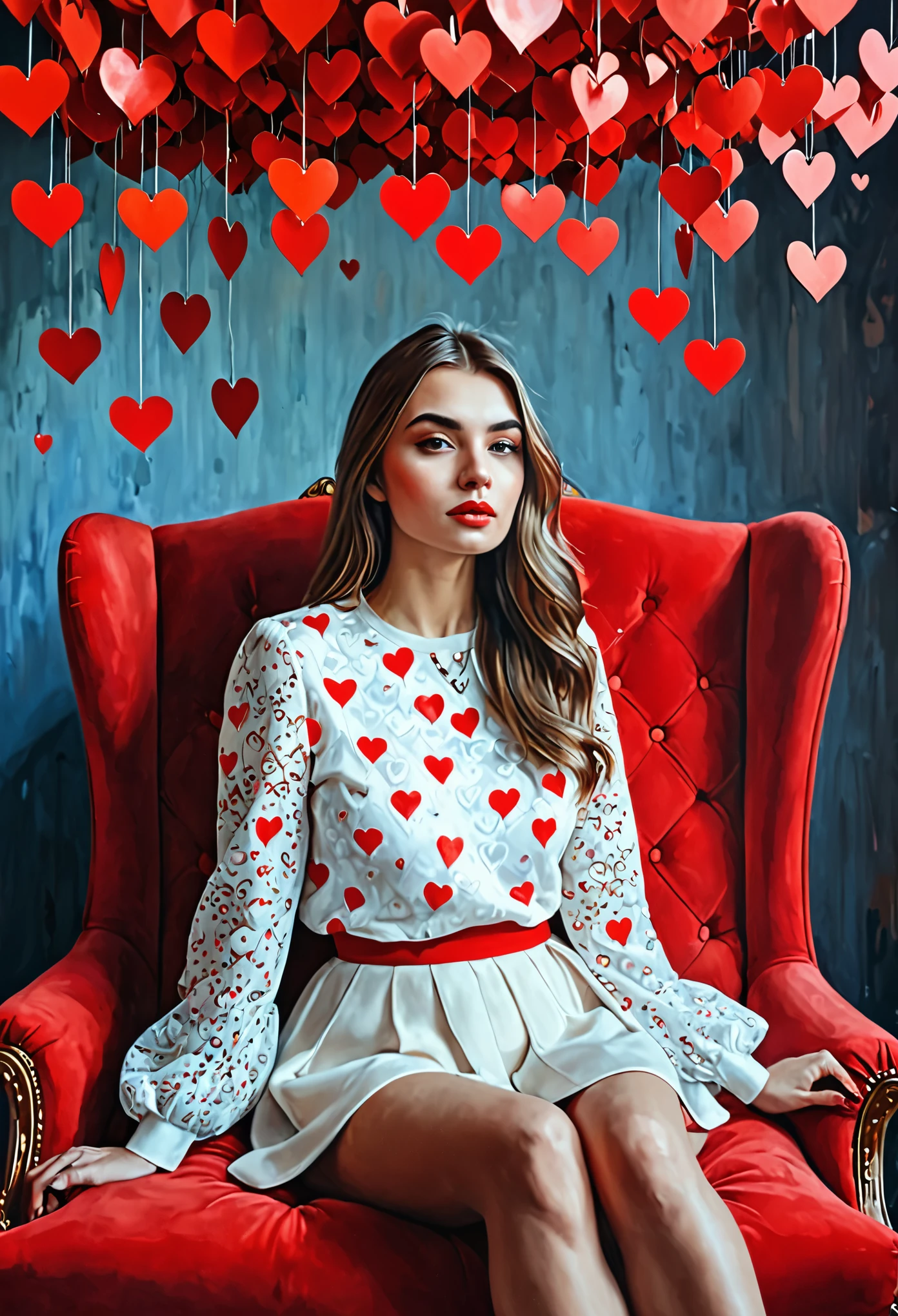 Arafed woman sitting on a red sofa, and a bunch of hearts hanging from the ceiling, portrait, inspired by Ion Andreescu, Tumblr, realism, Dasha Taran, alina ivanchenko, Anastasia Ovchinnikova, portraitное фото на заднем плане, Alexandra Valishevskaya, Julia Gorokhova, Magdalena more often, fairytale outfit