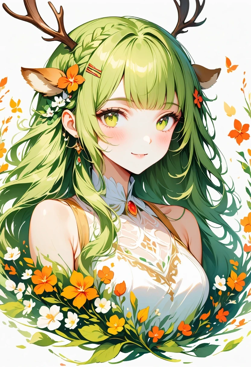 best quality,masterpiece, 1 girl, alone, model shoot, Astonishing, Alina, (((wear))), antlers, deer ears, Look at users, Smile, blush, hairpin,(( braid)), hair accessories, ((hairpin)),