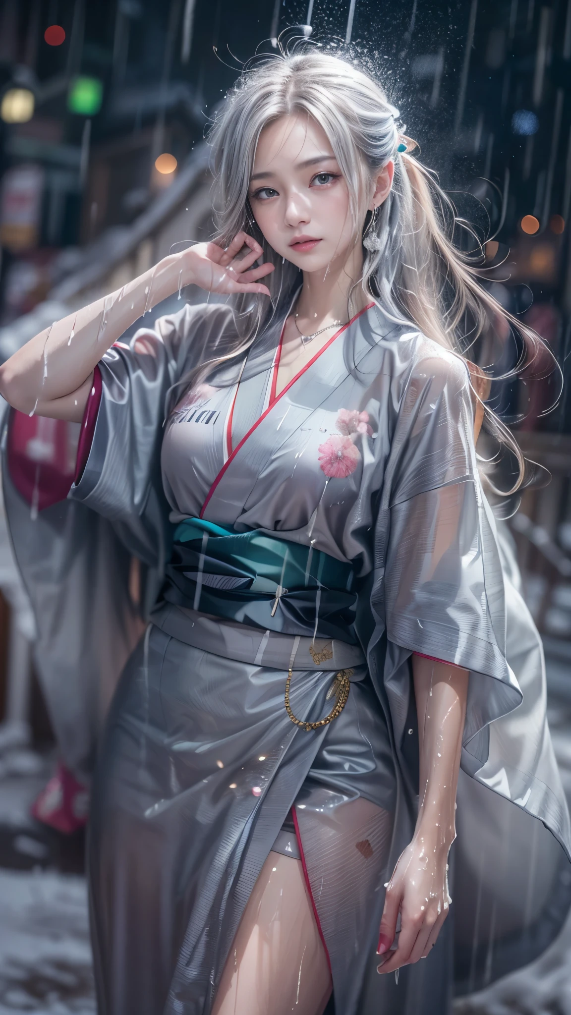 (RAW shooting:1.5, Photorealistic:1.5, 16k, highest quality, masterpiece, Ultra-high resolution), Perfect dynamic composition:1.3, (heavy snow, On a cliff on a precipitous cliff, Great background, Expressions of sadness:0.9), Highly detailed skin and facial textures:1.3, Wet slim woman:1.2, Random Shot, Fair skin:1.2, Mysterious portrait:1.1, Incredibly slim body:1.2, aesthetic:1.1, Very beautiful face:1.2, Water droplets on the skin, (Rain dripping down on my body:1.1, Wet body:1.1, Wet Hair:1.1), (Professional kimono dressing:1.1, With a wet bouquet:1.2, The correct way to wear a wet silver kimono:1.3), (Shapely breasts, Chest gap), (Beautiful erotic eyes:0.8, Beautiful, erotic lips:0.8), (Too erotic:0.9, Fascinating:0.9), necklace, Earrings, bracelet