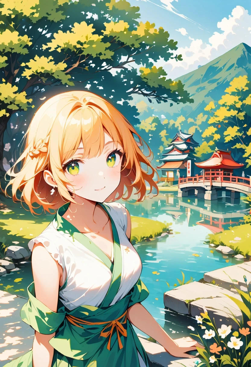 1 girl, looking at the audience, water, pond, lake, shrine, Require