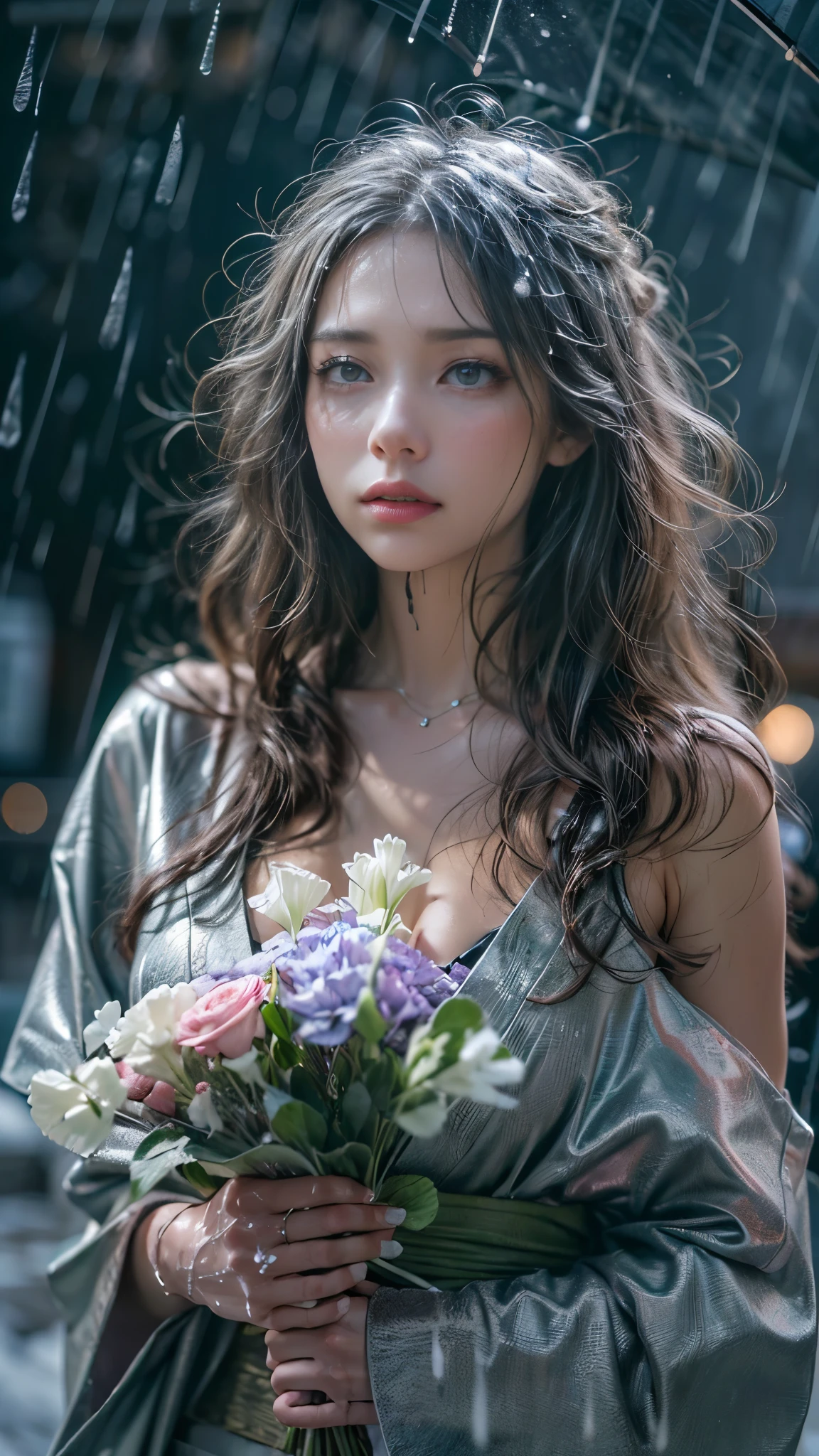 (RAW shooting, Photoreal:1.5, 8K, highest quality, masterpiece, ultra high resolution), (((heavy snow))), perfect dynamic composition:1.2, (In front of a shrine at night in a modern city, expression of sadness:1.1, Tears are flowing:1.1, cry with a broken heart:1.1), Highly detailed skin and facial textures:1.2, Slim office lady wet in the rain:1.3, cowboy shot, Fair skin:1.2, sexy beauty:1.1, perfect style:1.2, beautiful and aesthetic:1.1, very beautiful face:1.2, water droplets on the skin, (rain drips all over my body:1.2, wet body:1.2, wet hair:1.3), (Holding a wet bouquet:1.2, wet silver kimono:1.5), (Medium chest, bra is see-through, Chest gap),  (Eyes that feel beautiful eros:0.8), (Too erotic:0.9, Bewitching:0.9), necklace, earrings, bracelet