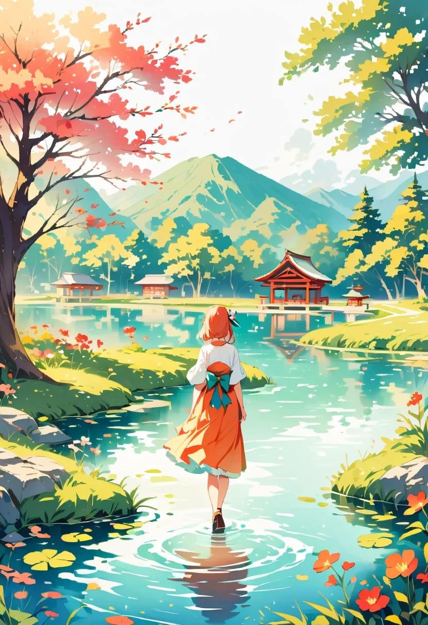 1 girl, looking at the audience, water, pond, lake, shrine, Require