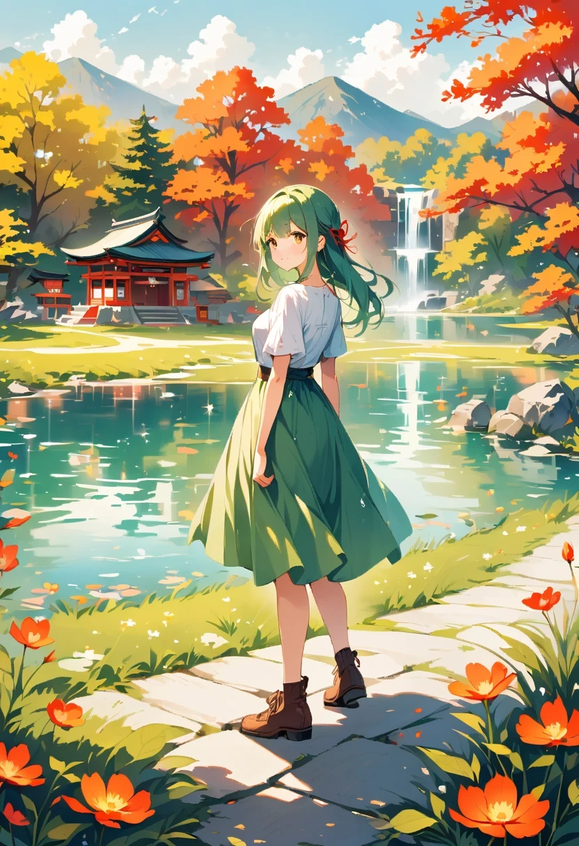 1 girl, looking at the audience, water, pond, lake, shrine, Require
