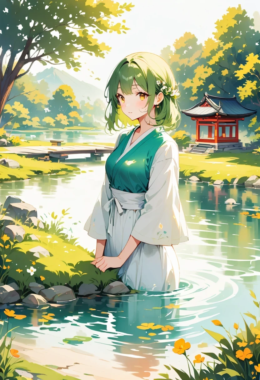 1 girl, looking at the audience, water, pond, lake, shrine, Require