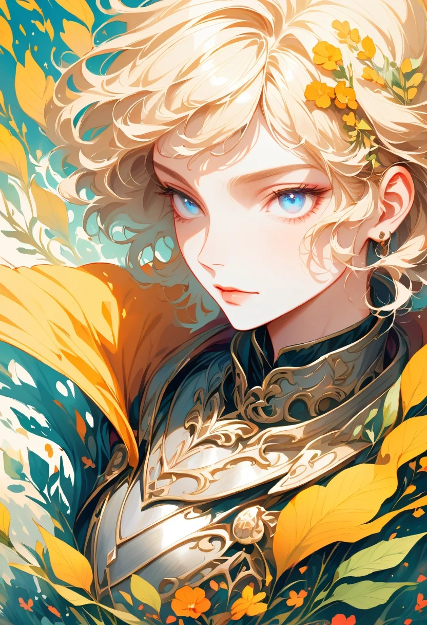 masterpiece, best quality, 1 person, aldult, male focus, alone, medium blonde, Vibrant blue eyes, Gloves, looking at the audience, cape, High quality metal texture, Semi-metallic armor, Keep your mouth shut, black metalic Gloves, Upper body, Bangs, Boss,(Berkshire:0.6), fantasy aesthetics, Very detailed