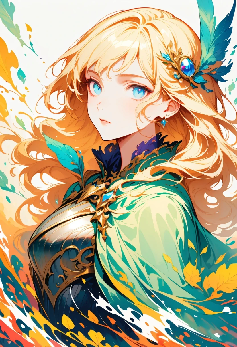 masterpiece, best quality, 1 person, aldult, male focus, alone, medium blonde, Vibrant blue eyes, Gloves, looking at the audience, cape, High quality metal texture, Semi-metallic armor, Keep your mouth shut, black metalic Gloves, Upper body, Bangs, Boss,(Berkshire:0.6), fantasy aesthetics, Very detailed