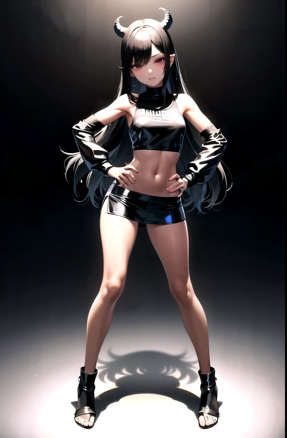 full body girl, with black top, black shorts, shiny leather sweater, melon colored hair, has small black horns, white skin, long hair, standing full body, her hands crossed, front view, perfect body, detailed, good anatomy, Mejor calidad, ultra high resolution, 1 chica, camisa blanca sin mangas con botones, Falda negra, gargantilla negra, lindo, (kpop idol), (aegyo sal:1), (Cabello rubio platino:1), ((Ojos hinchados)), mirando al espectador, cuerpo completo, mirando al frente