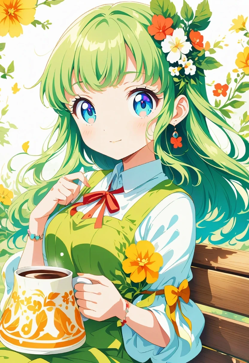 anime girl sitting on a bench with a cup of coffee, cute anime girl, anime style illustration, soda theme girl, Beautiful anime high school girl, a surreal schoolgirl, anime girl, young anime girl, beautiful anime girl, anime girl drinks energy drink, anime style 4k, Digital animation illustration, retro anime girl, Anime visual of a cute girl