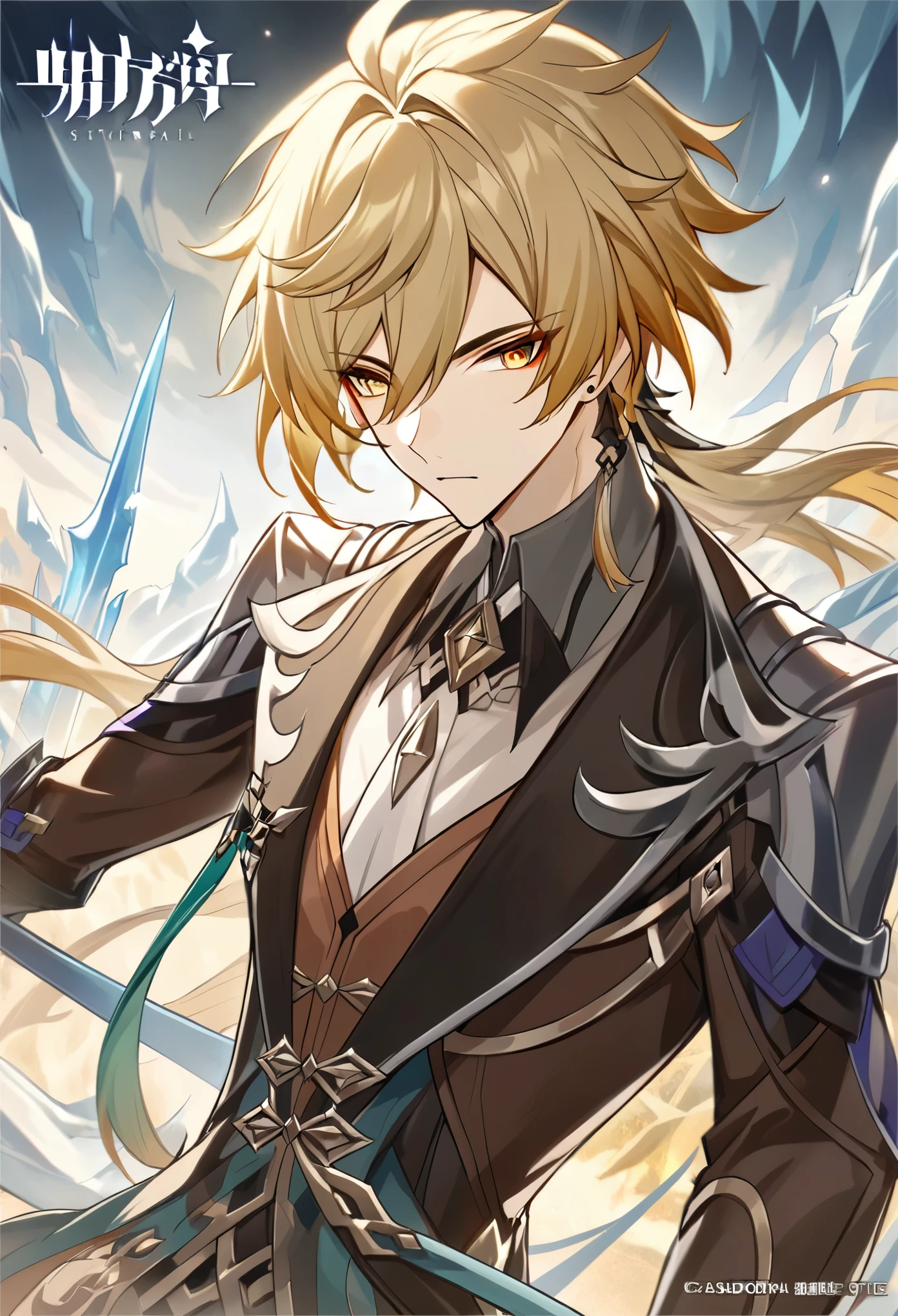 blond hair, messy hair, a close up of a person with a sword in a field of ice, blade from honkai star rail, from arknights, detailed key anime art, luocha from honkai star rail, honkai sar trail character, casimir art, masamune shiro, masamune, handsome guy in demon slayer art, genshin, heise jinyao, shadowverse style