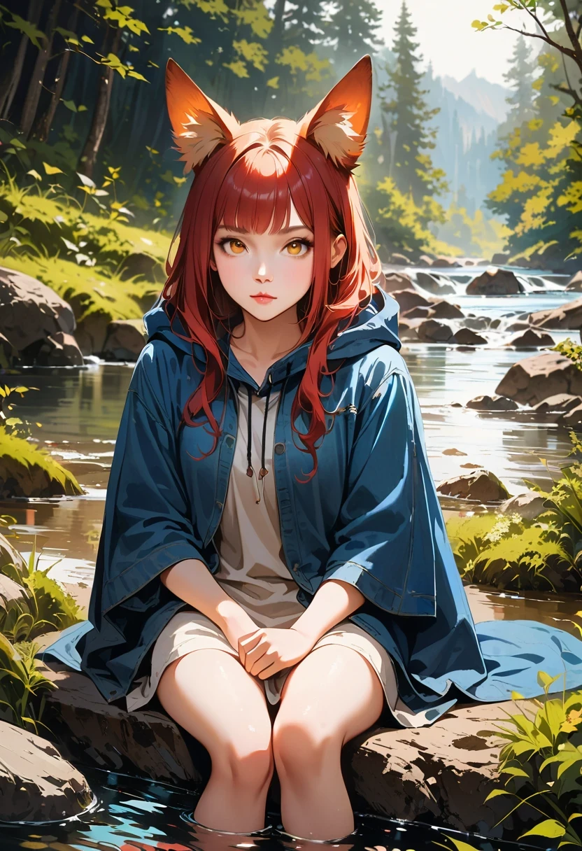 8K, best quality, (lifelike:1.4), original photo, 1 girl, Red hair, Animal ears, blue hooded cloak, ears sticking out, posture: sitting on rocks in forest river, yellow eyes,  -