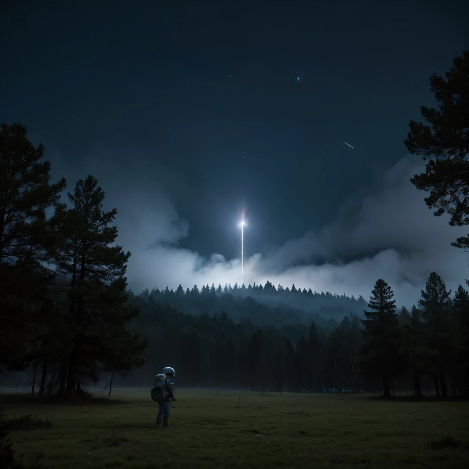 Un astronauta en un bosque lluvioso con niebla