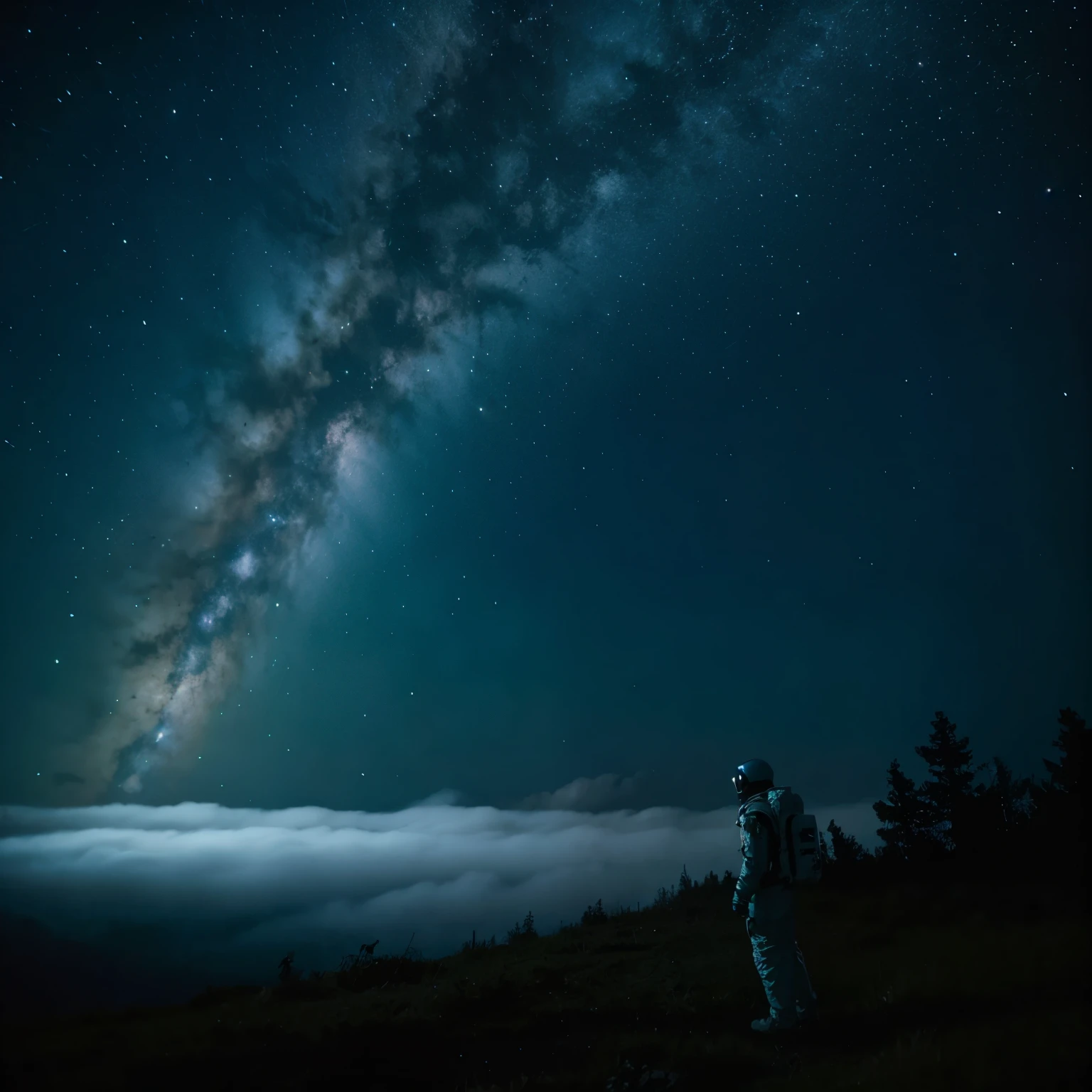 Un astronauta en un bosque lluvioso con niebla