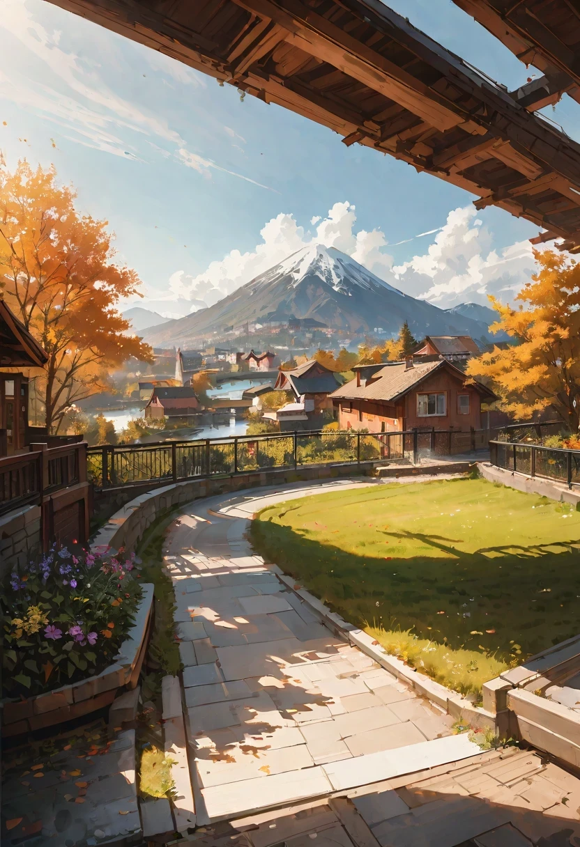 (ultra high resolution,lifelike,best quality,photorealistic),(8K,original photo,best quality,Master Pletzer),(photon mapping,Radiosity,Physically based rendering,Auto white balance),real person,photo,bridge, architecture, bushing, City, cloud, sky, Door, fence, site,Hour, flower garden, Grass, house, hydrangea flower, Mountain, nature, No_Humanity, outDoors, small road, plant, potted_plant, purple_flower, road, landscape, sky empty, sky emptyscraper, traditional_media, Tree,