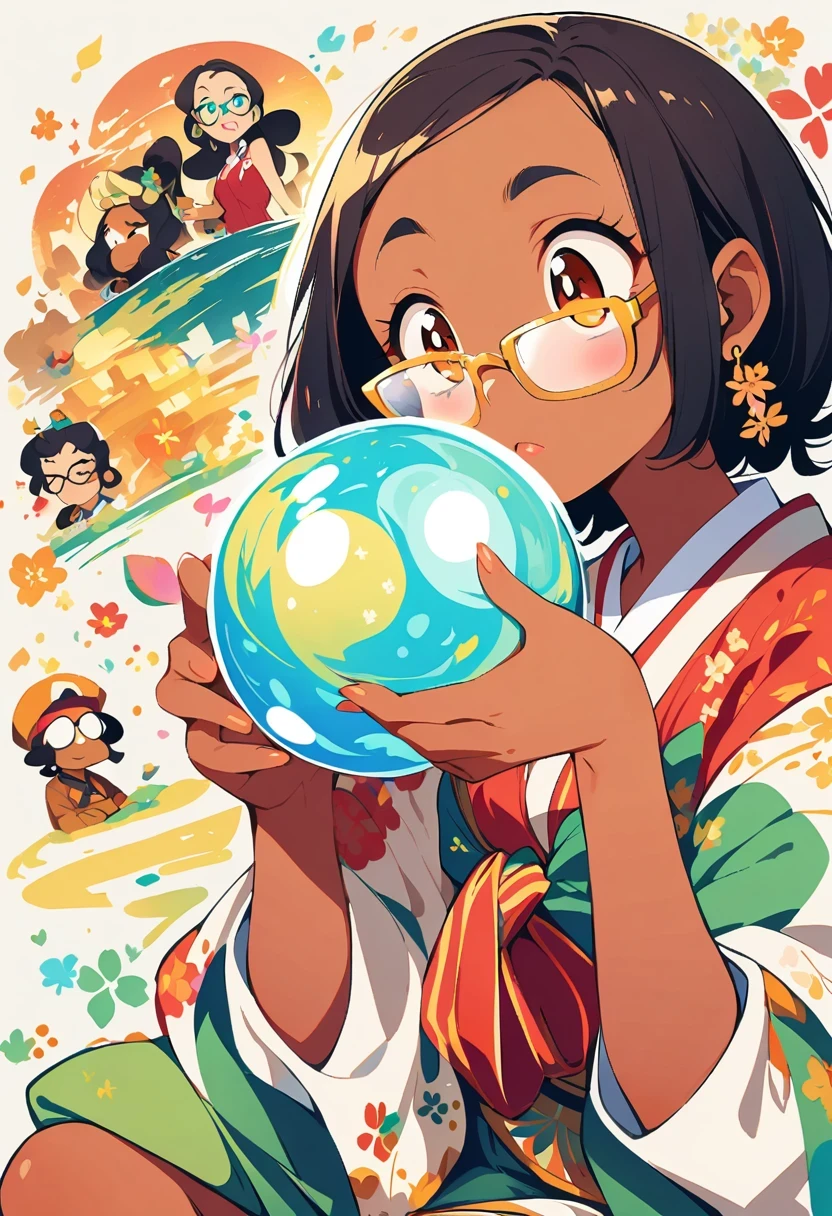 ((1 girl)), Japanese cartoons, dark short hair, dark skin, shiny glasses lenses, mouth closed，Poker face, sitting, Her hands hold a glowing orb，while two other glowing spheres revolved around her.