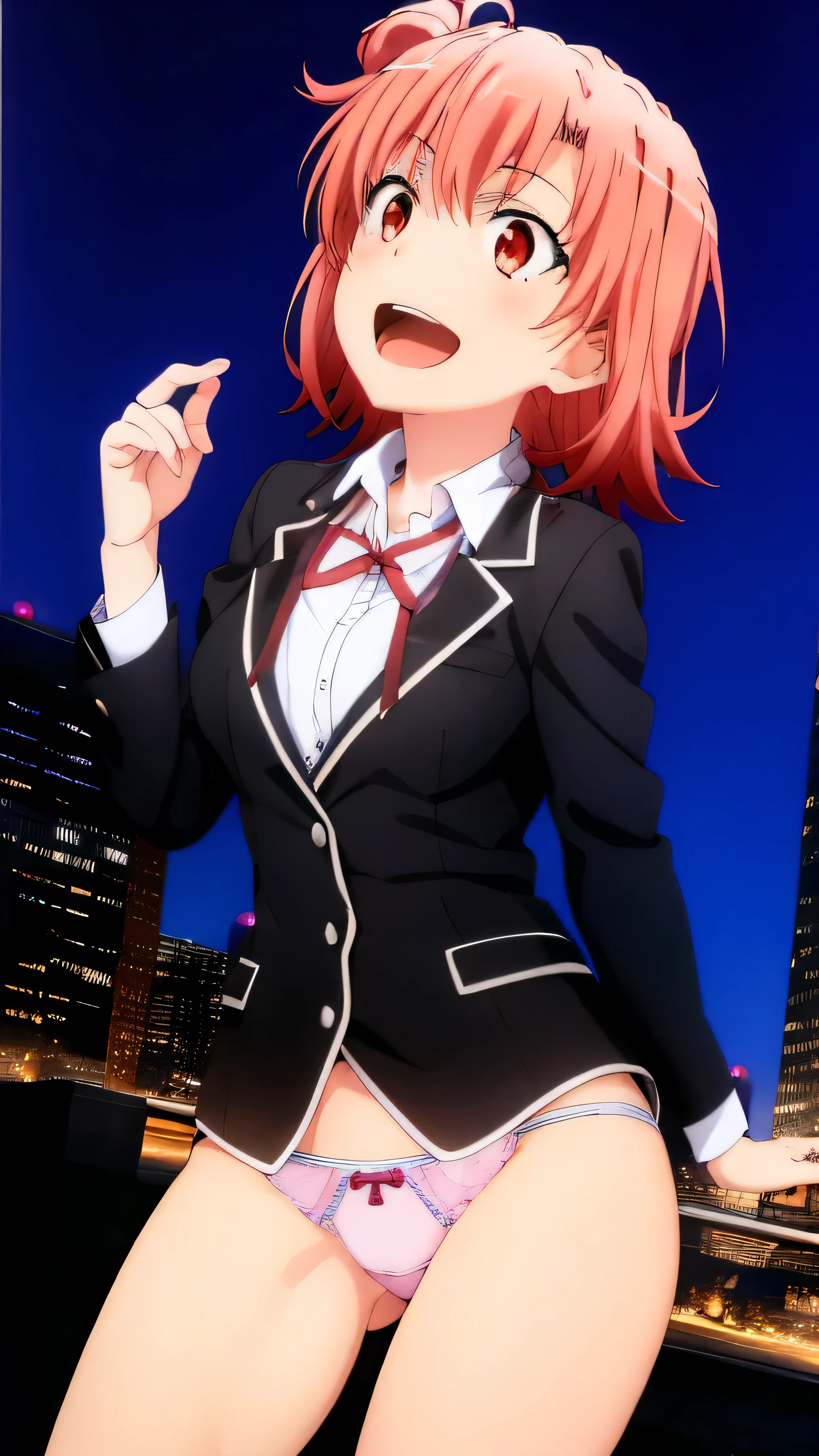 2 girls ,(yuigahama yui&#39;nice big bust), waltz dance ,uniform,black blazer,white shirt,ribbon,light pink panties,thighs,((high angle:1.0)),look here,gaze looking up,I&#39;I&#39;I&#39;I&#39;I&#39;m embarrassed and blush,open mouth smile,beautiful eyes,downtown at night