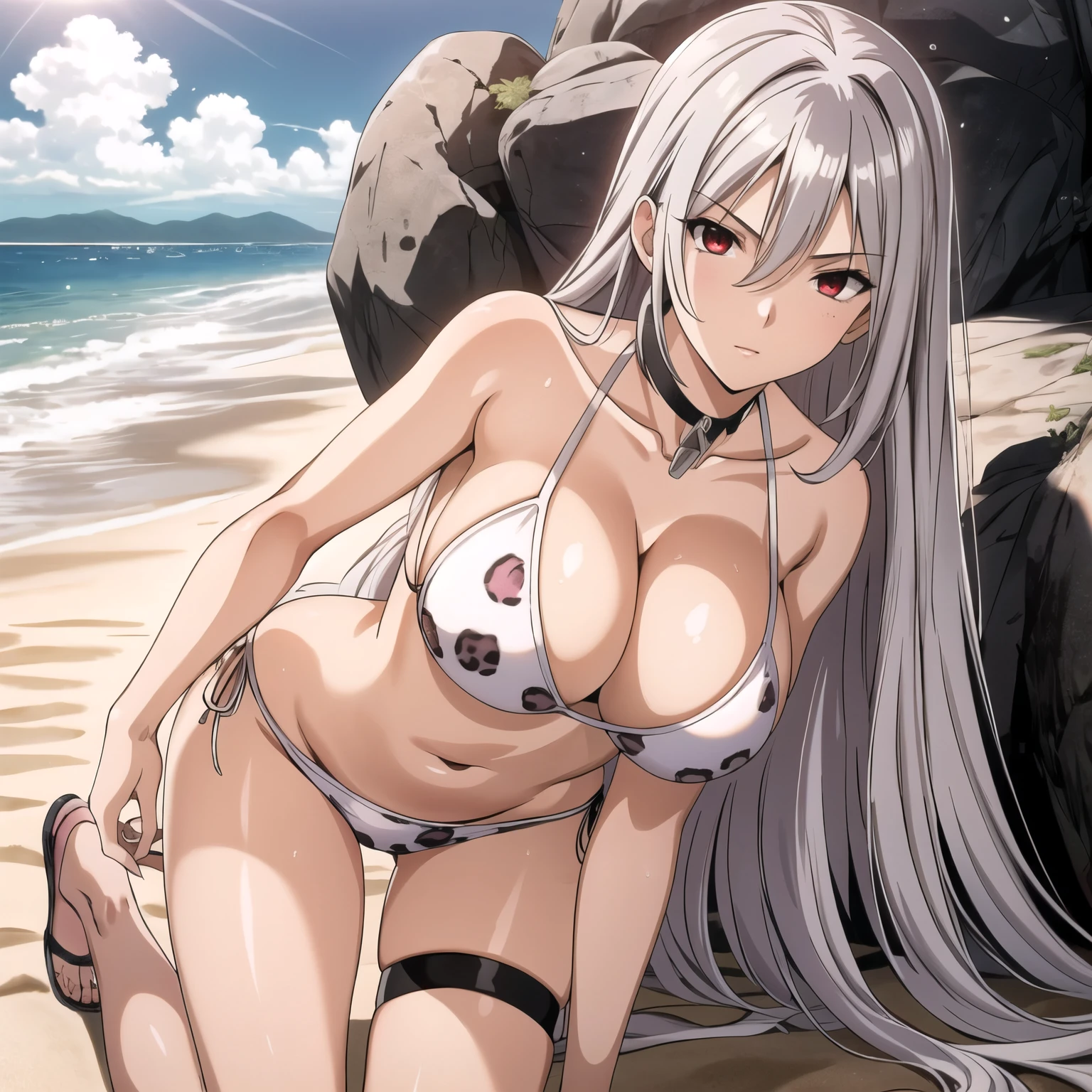 1 chica, moka akashiya, pelo largo plateado, ojos rojos con pupilas rajadas, pechos grandes, white bikini with leopard design, fondo playa soleada. red eyes like bright rubies.