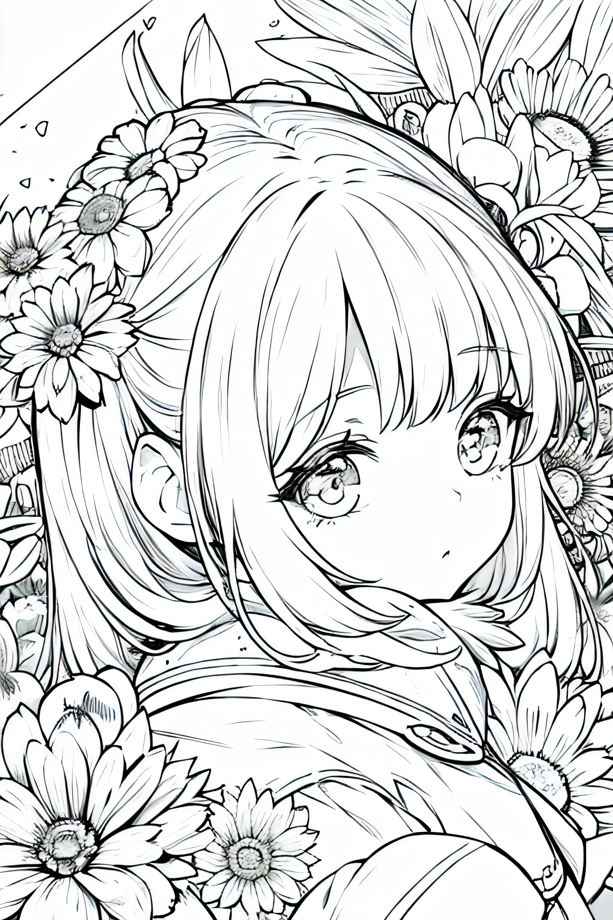 Detail face, ((Perfect details)), Cold light, ((Data in eyes)), ((Data embellishment hair)), Line drawing, Monochrome, Line drawing cute baby, white hair, flower line drawing background