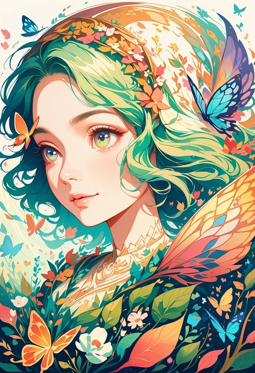 flat illustration，butterfly head girl, Surrounded by colorful gardens, Soft and soothing colors, vibrant flowers, butterflies flying around, gentlesunlight, dreamlike atmosphere, detailed and actual features, smooth strokes, Oil painting medium, High quality and High resolution, Magical and surreal style, Fascinating and imaginative scenes, happy and calm mood, Intricate patterns on butterfly wings, Delicate petals and leaves, work, Ethereal and charming atmosphere, girl calm expression, Grab the audience&#39;s concern, a masterpiece that evokes emotions and sparks creativity. (best quality, 4K, High resolution, masterpiece:1.2), super detailed, actual:1.37, vector art style, bright colors, soft light, charming garden, Magical butterflies