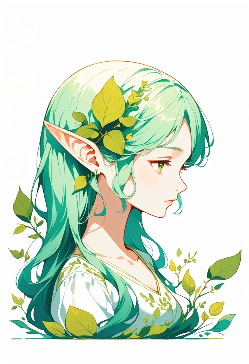 (long shot), center, Leaf Elf, 1 girl, alone, Isolated on empty pure white background, extremely delicate and beautiful, flat illustration