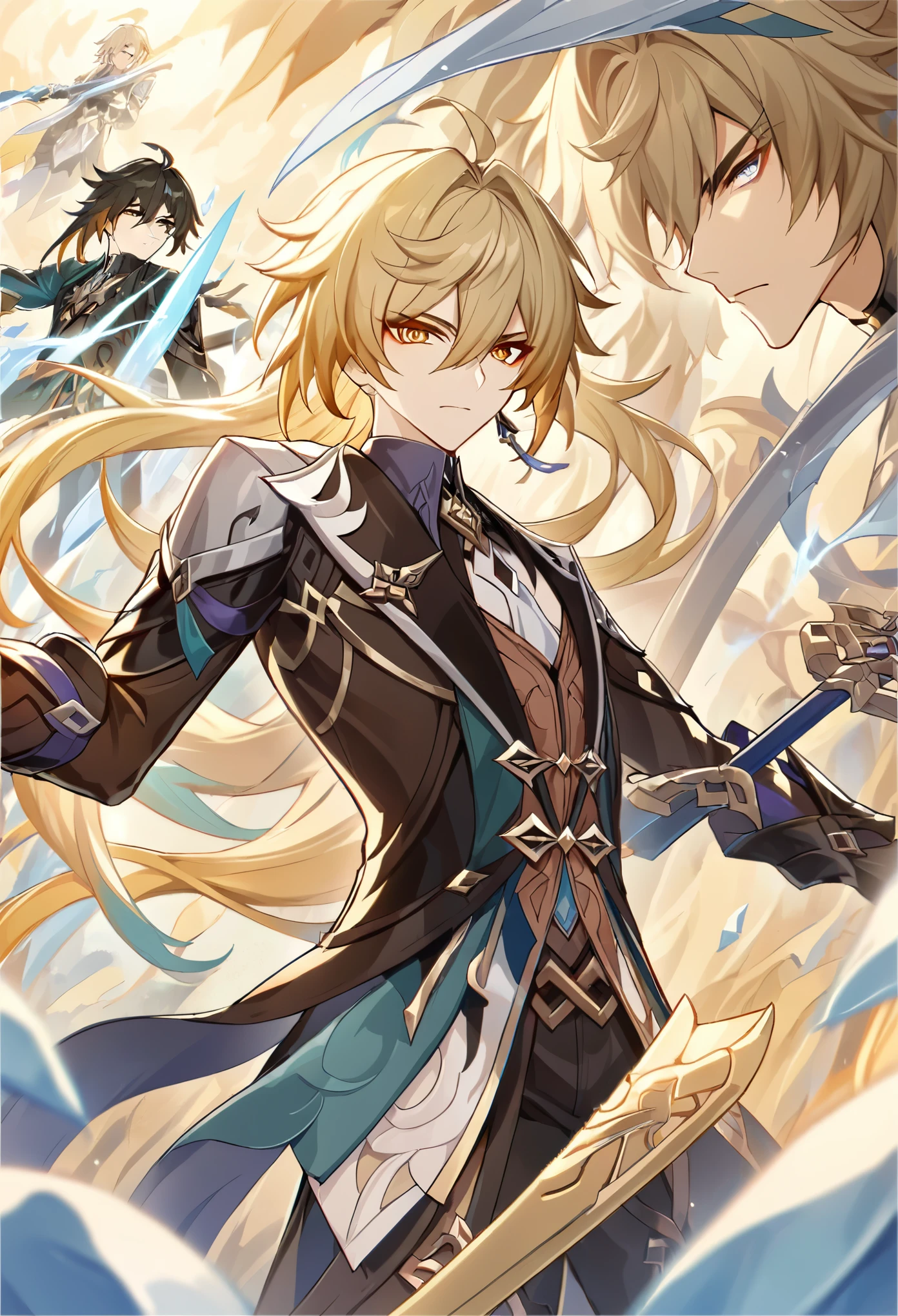 blond hair, messy hair, a close up of a person with a sword in a field of ice, blade from honkai star rail, detailed key anime art, luocha from honkai star rail, honkai star trail character, casimir art, masamune shiro, masamune, handsome guy in demon slayer art, genshin, heise jinyao, shadowverse style, no logos