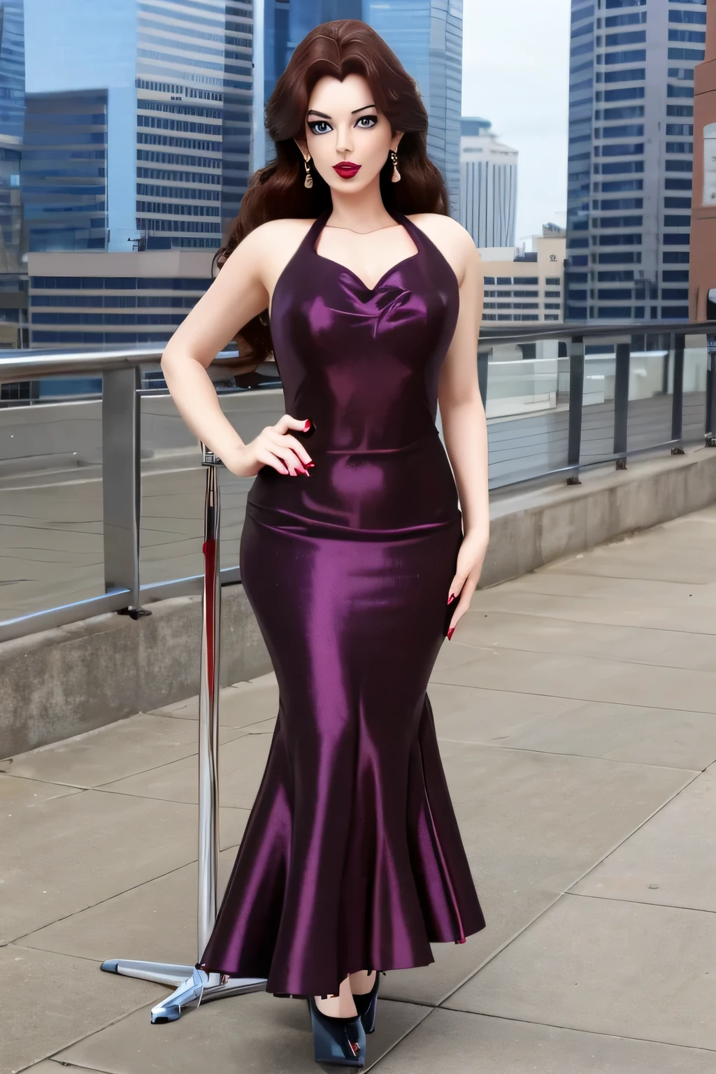 Beautiful tall lady with long wavy brown hair and painted blue eyes, light purple eyelashes, red lips and wearing a golden earring. She wears a long red dress that fits her figure tighter and wears black heels.