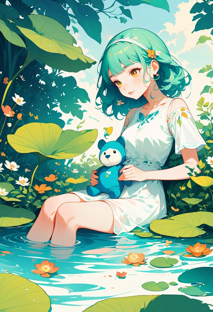There is a girl sitting on a leaf, (White clothes), Fresh color scheme, There is a stuffed toy, Gouves style artwork, Popular on CGSTATION, illustration：Li Song, soft animation, Lying on a lily pad, sitting on lotus, Lovely and detailed digital art, Lovely art style, in the pond, Yang Jian, cute digital art, Gurwitz, sitting by the pond