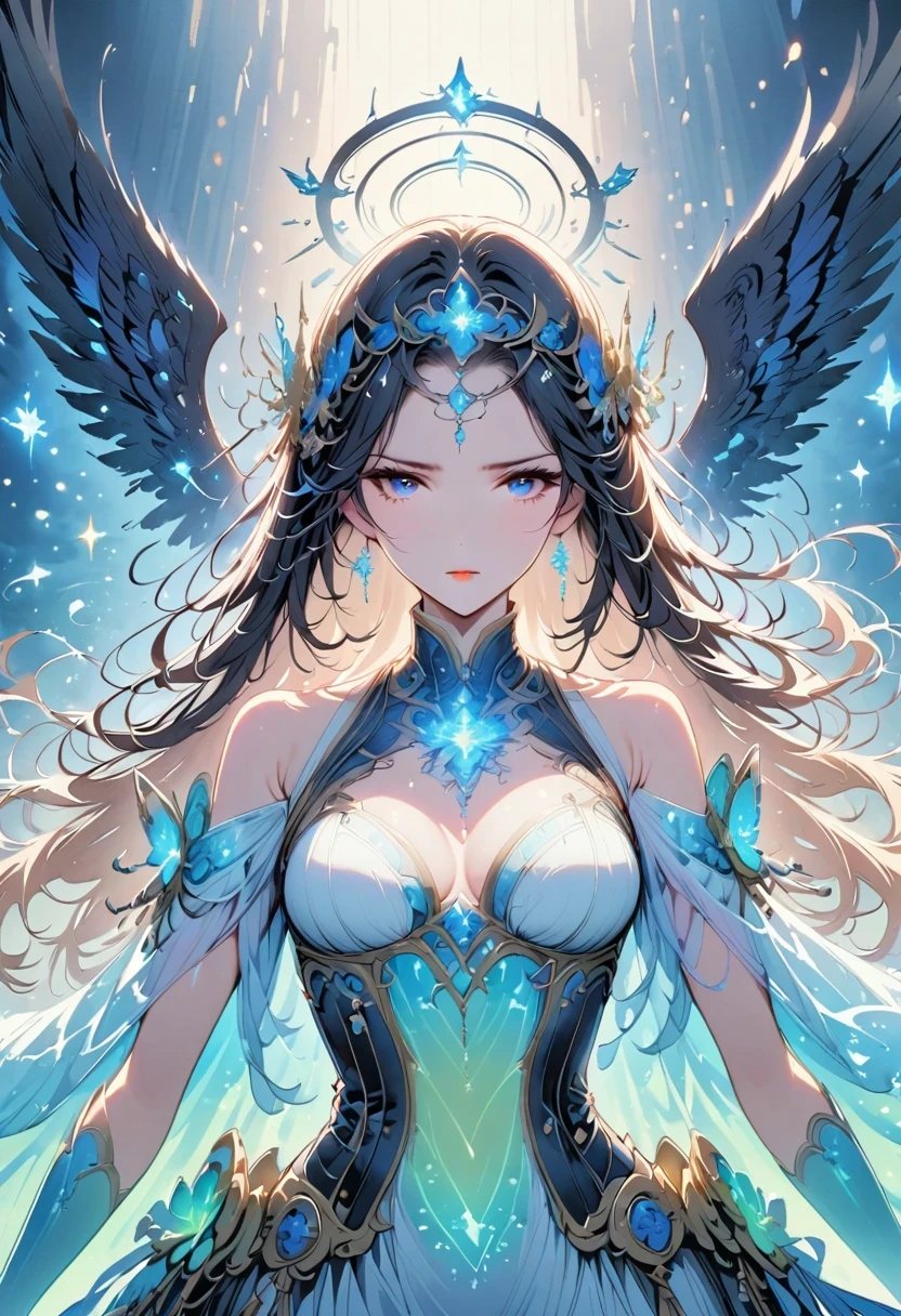 Innocence, dark green hair, Double tail, Put your arms behind your back, white dress, black belt, a girl,blue eyes,