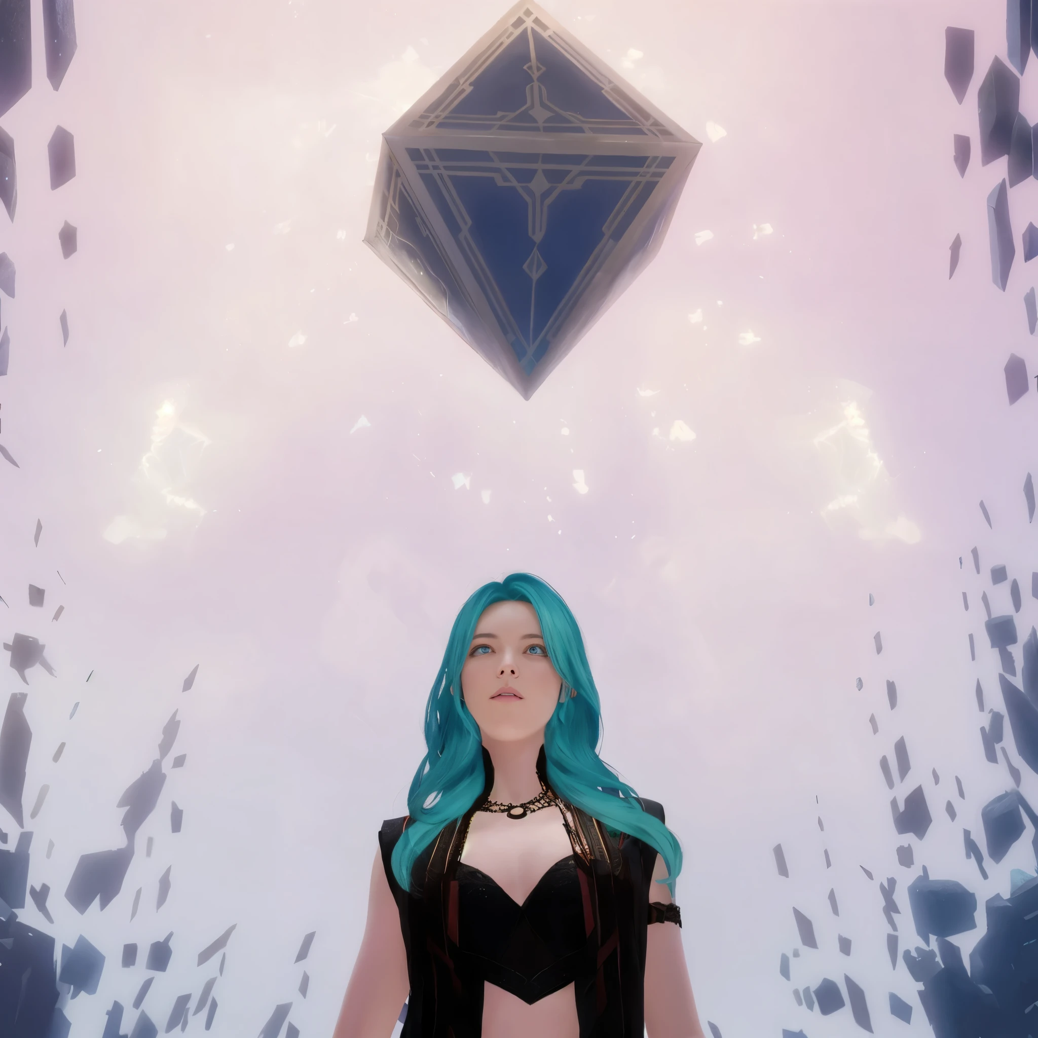 il y a une femme aux cheveux bleus debout devant un diamant, as she looks up at the ceiling, entrée dans le royaume éthéré, Perdu dans le vide, Portal to the Ethereal Kingdom, Sortir du vide, un alambic d&#39;an ethereal, Levant les yeux, runes dans les airs, une salle cristalline, peint dans le style arcanique