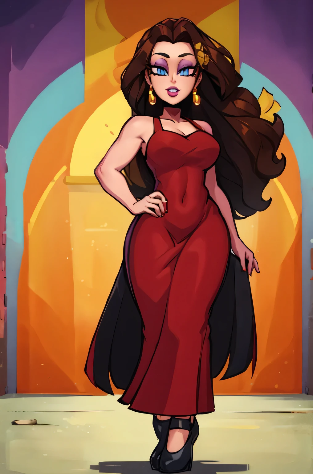 Beautiful tall lady with long wavy brown hair and painted blue eyes, light purple eyelashes, red lips and wearing a golden earring. She wears a long red dress that fits her figure tighter and wears black heels.