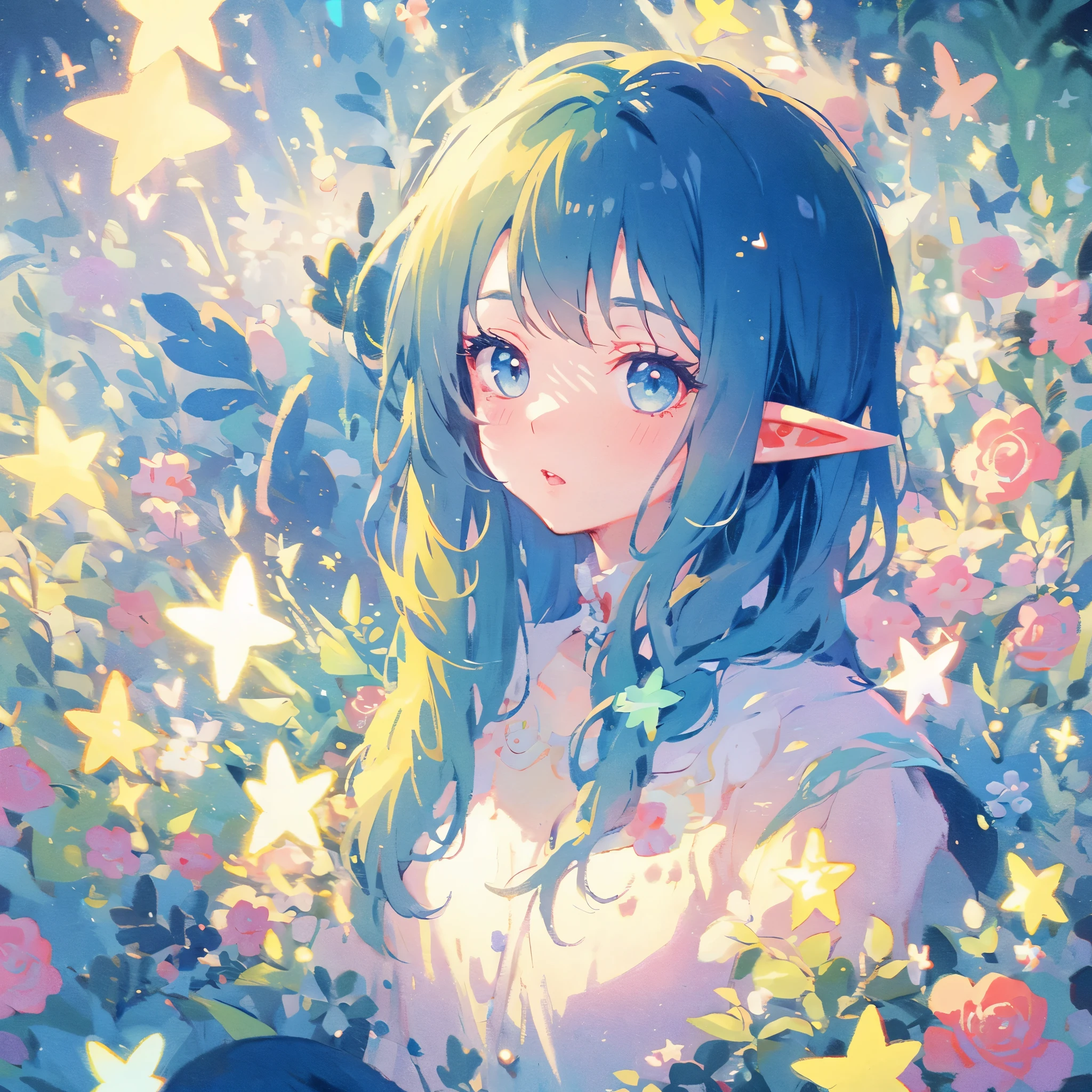 elf girl, bright colorful hair, magical, whimsical, fantasy, otherworldly, extremely detailed face, masterpiece, perfect illumination, (pastel colors)