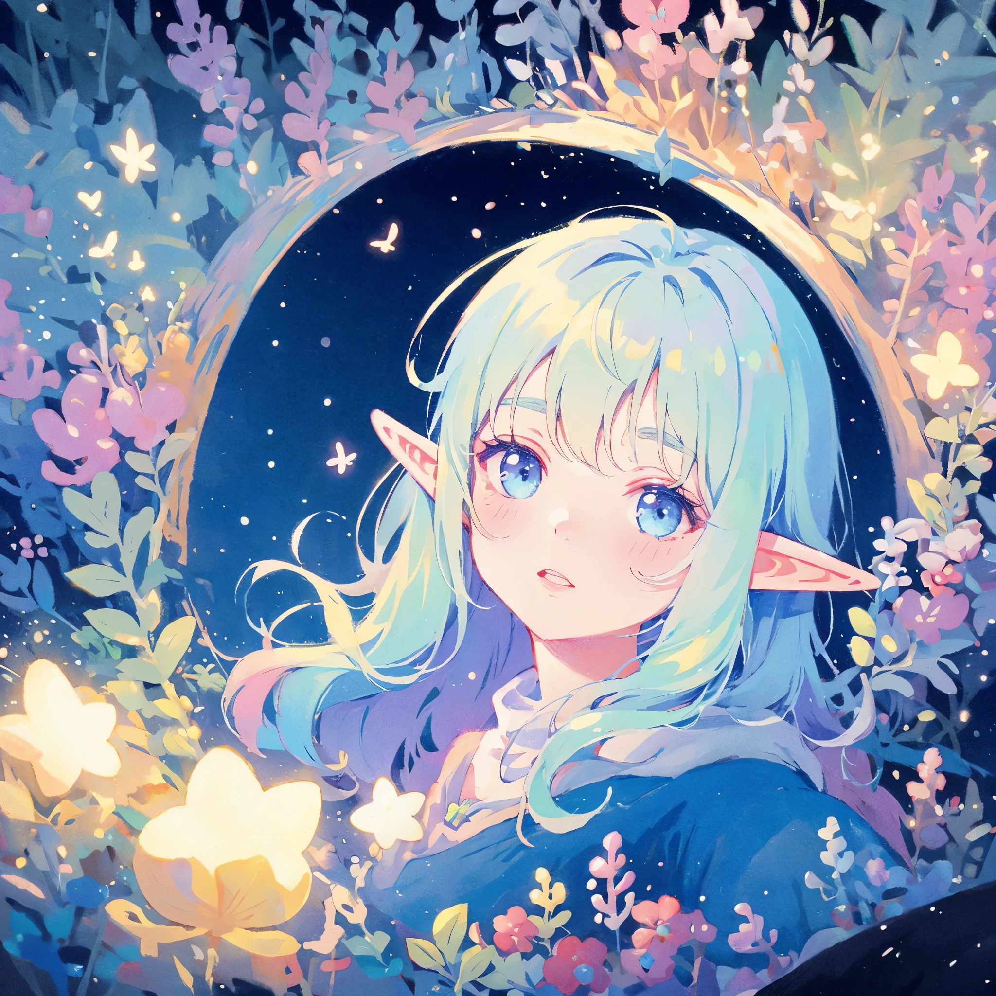 elf girl, bright colorful hair, magical, whimsical, fantasy, otherworldly, extremely detailed face, masterpiece, perfect illumination, (pastel colors)