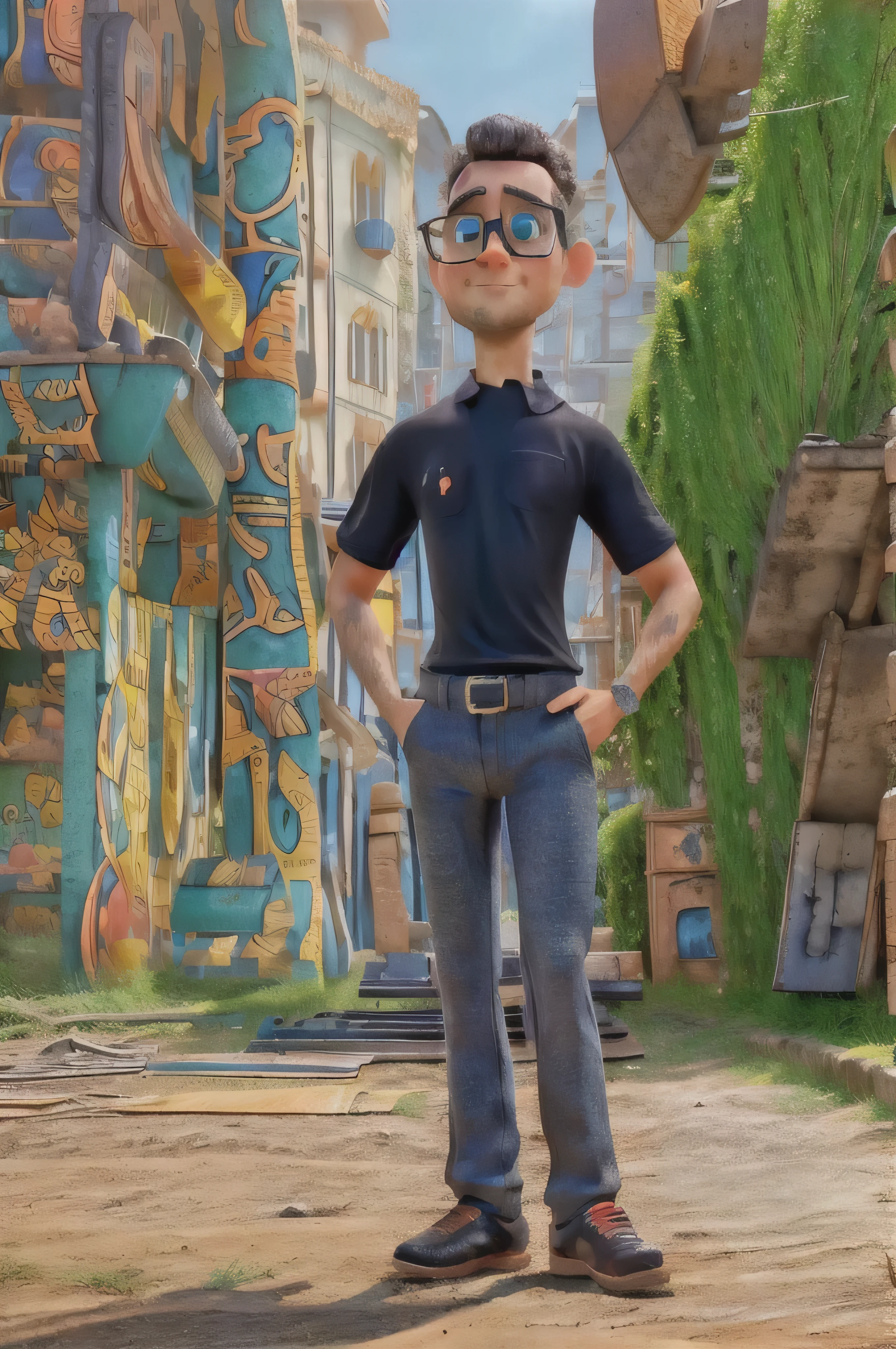 qualidade melhorada, wearing a black shirt and blue pants GelsonJunior a single adult Pixar human character, high quality, tall body, with glasses, vivid colors