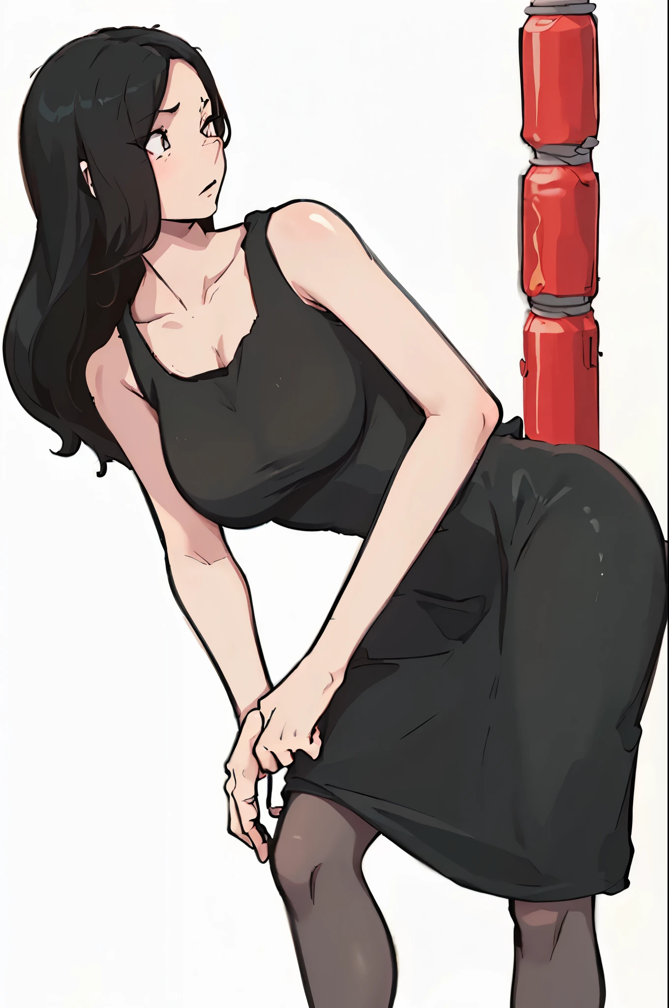 cartoon of a woman in a black dress bending over to pick up something, succubus in tight short dress, anime girl wearing a black dress, she is wearing a black dress, mysterious coffee shop girl, anya from spy x family, cel - shaded art style, tifa lockhart, glamorous tifa lockheart, revealing clothes, cell shaded adult animation