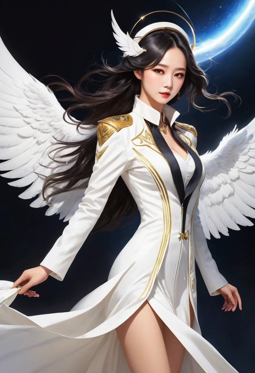 Cowboy shooting, (black wings:1.2), Very long hair, Side Mao Insult, collar, Keep, Off the shoulders, (white dress:1.3), white jacket,halo,