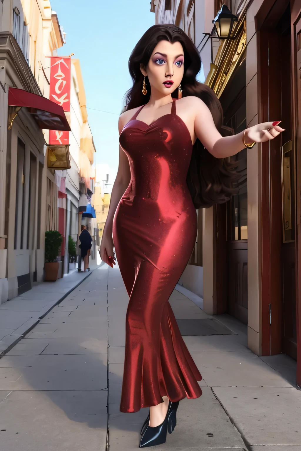 Beautiful tall lady with long wavy brown hair and painted blue eyes, light purple eyelashes, red lips and wearing a golden earring. She wears a long red dress that fits her figure tighter and wears black heels.