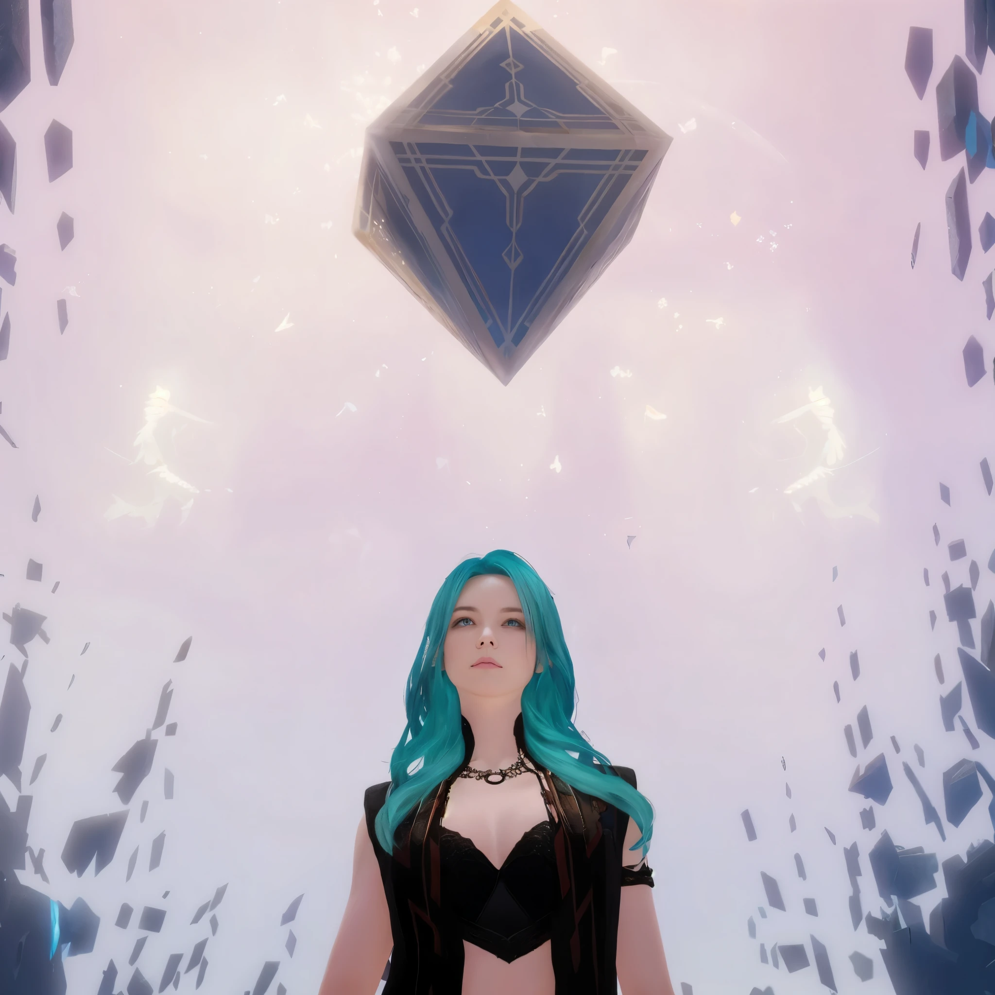 il y a une femme aux cheveux bleus debout devant un diamant, as she looks up at the ceiling, entrée dans le royaume éthéré, Perdu dans le vide, Portal to the Ethereal Kingdom, Sortir du vide, un alambic d'an ethereal, Levant les yeux, runes dans les airs, une salle cristalline, peint dans le style arcanique