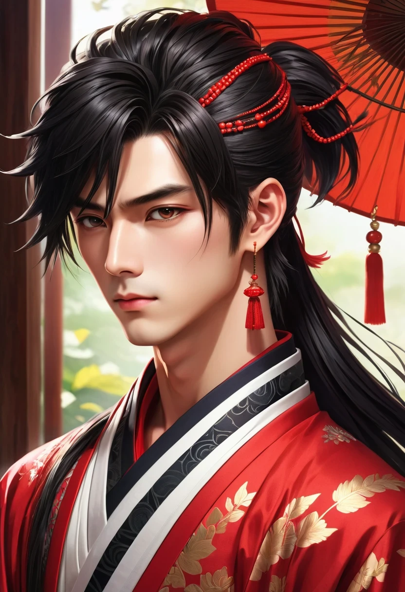 high resolution, sharp focus, Pixiv masterpiece, ((intricate details)), Very detailed, Yasuri_Qixiang, 1 boy, male, striped bead necklace, black hair, (spiky hair:1.1), ponytail, Very long hair, red clothes, red open clothes, simple kimono, besides 