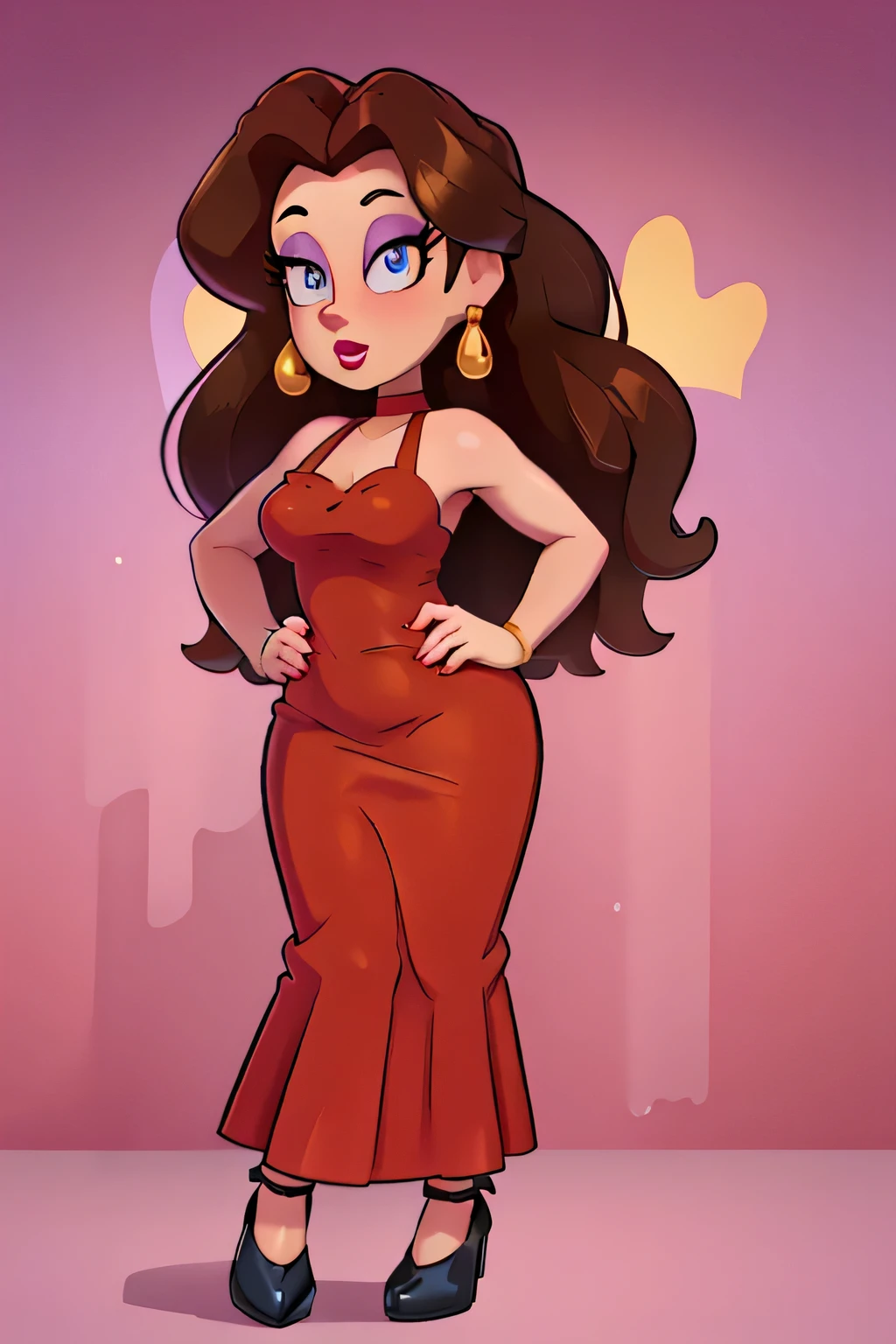  Beautiful tall lady with long wavy brown hair and painted blue eyes, light purple eyelashes, red lips and wearing a golden earring. She wears a long red dress that fits her figure tighter. She wears black heels.