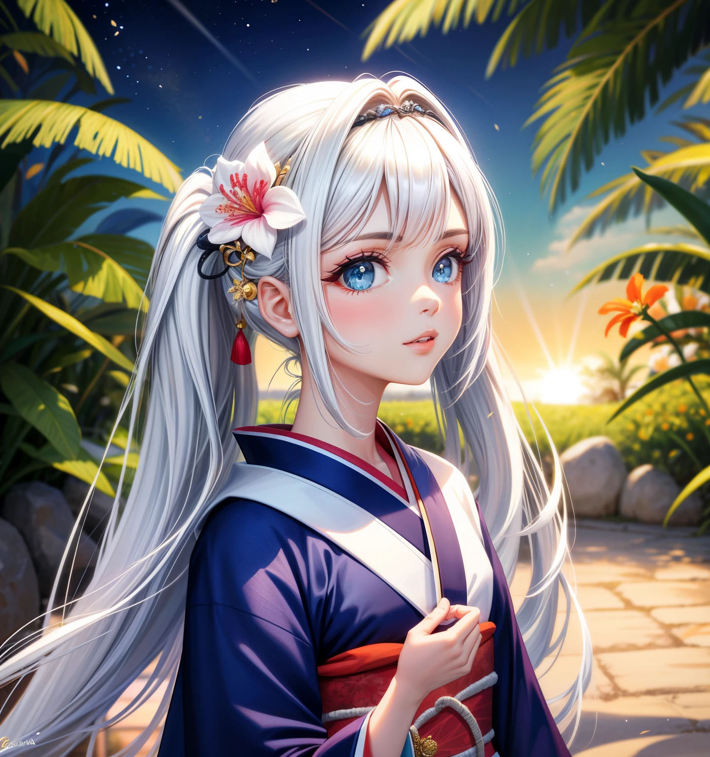 realista, 1 garota, cabelo branco, olhos azuis, olhos brilhantes, corte superior, kimono vermelho, parted lips, corar, noite, flores, sol, sollight,