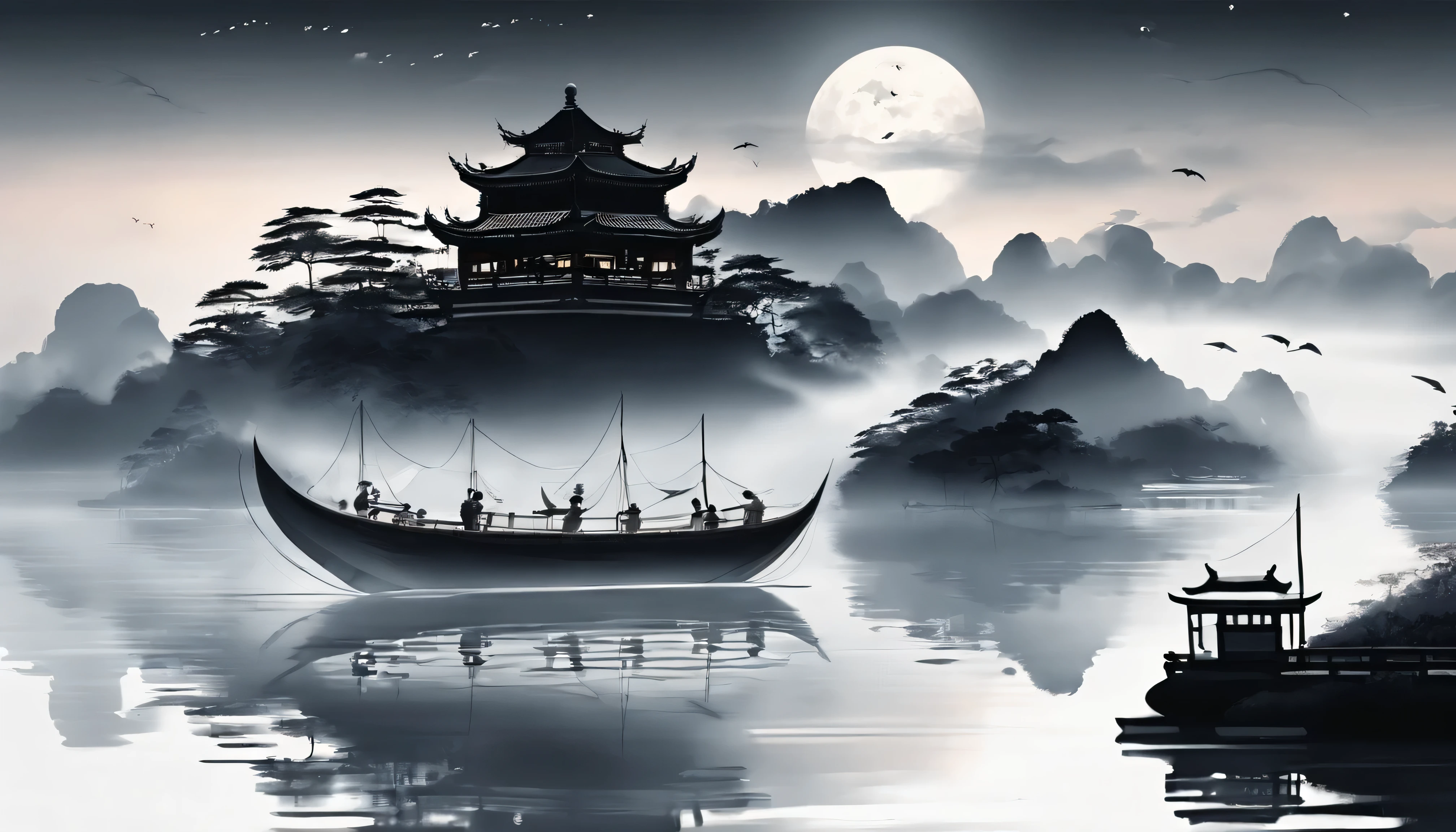 masterpiece,best quality,Chinese martial arts style,an asian night scene with lanterns and water lilies,asian pond with many lanterns and boatsa night scene with many lights and boats in the water, Lake surface, lotus flowers,beautiful night scene,(((Chinese martial arts style))), with vast sky, continuous mountains and steep cliffs, ink wash style, outline light, atmospheric atmosphere, depth of field, mist rising, bamboo, pine trees, octagonal stone pavilion, waterfall flowing water,big full moon,(No color) , Monochrome, light color,