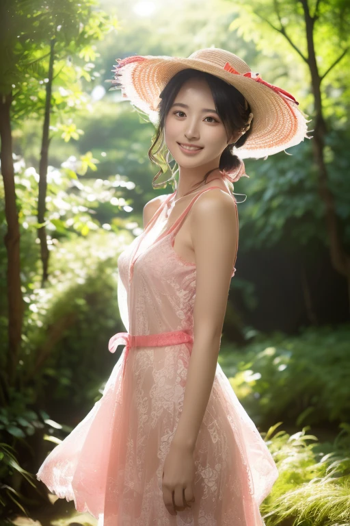 (((1))),((Photoactual))), ((AKB 48)), (Full body image))), (lens flare))),((backlight)), (in the woods))((Beautiful garden,There is a clear stream in the distance)),((rock in the background)),((Straw hat with ribbon)),((Smile)),((Nikon Z)),(19 years old))),(medium bust)))), ((((Pink lace sheer dress)))), ((((Pore feeling)))), ((Skin feel)))), (((Photo realism: 6, actual))))), (((Sideways and turned postures)), (((black hair dyed a little red)),perfect breast shape, Bare buttocks, Side Mao Insult, ribbon, hair accessories, pale skin, looking at the audience, small waist((((1))),((Photoactual))), small waist, High-heeled sandals