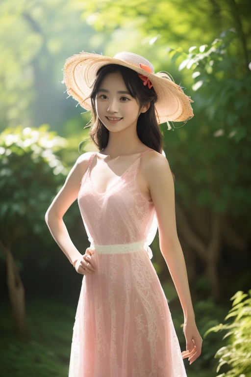 (((1))),((Photoactual))), ((AKB 48)), (Full body image))), (lens flare))),((backlight)), (in the woods))((Beautiful garden,There is a clear stream in the distance)),((rock in the background)),((Straw hat with ribbon)),((Smile)),((Nikon Z)),(19 years old))),(medium bust)))), ((((Pink lace sheer dress)))), ((((Pore feeling)))), ((Skin feel)))), (((Photo realism: 6, actual))))), (((Sideways and turned postures)), (((black hair dyed a little red)),perfect breast shape, Bare buttocks, Side Mao Insult, ribbon, hair accessories, pale skin, looking at the audience, small waist((((1))),((Photoactual))), small waist, High-heeled sandals