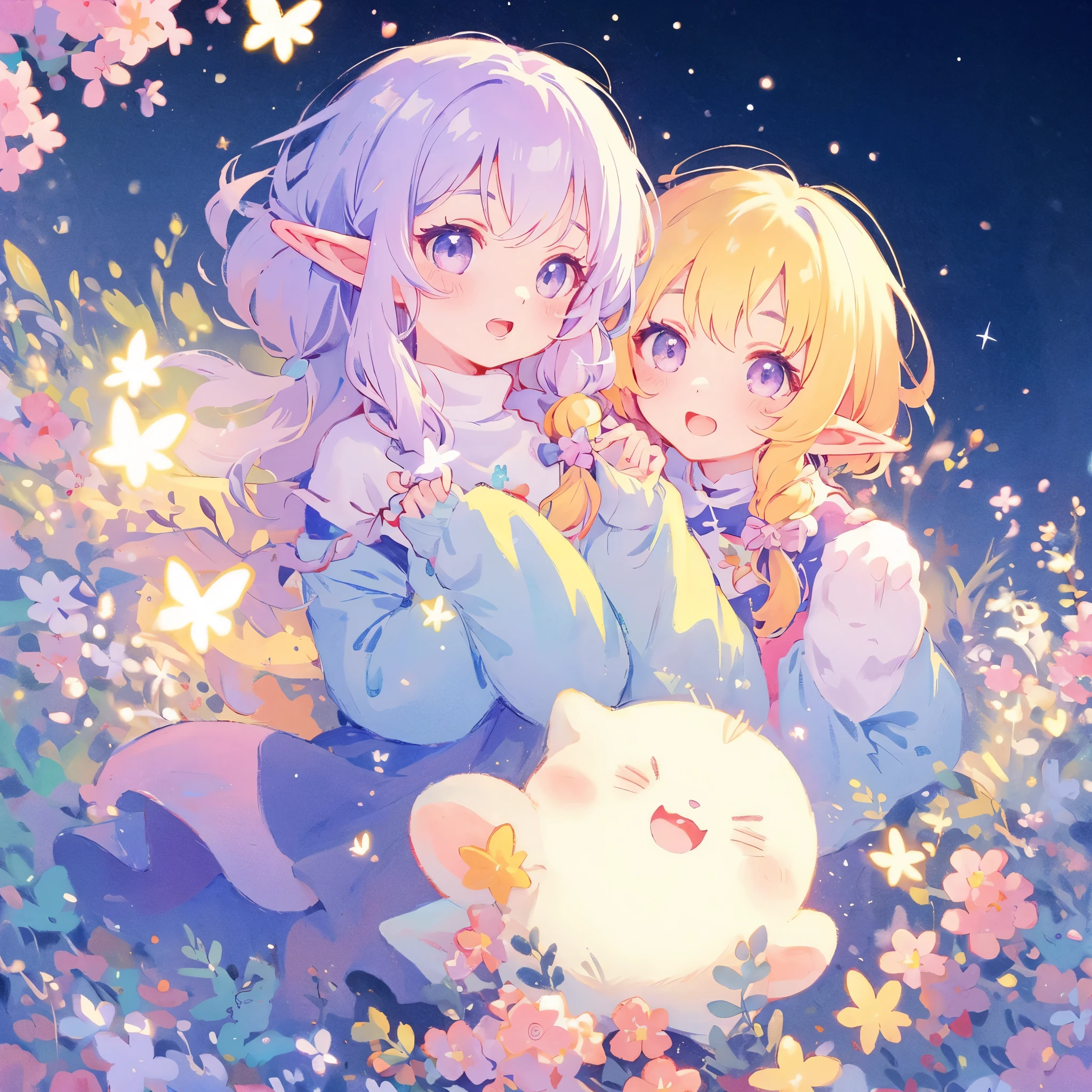 elf girl, bright colorful hair, magical, whimsical, fantasy, otherworldly, extremely detailed face, masterpiece, perfect illumination, (pastel colors)