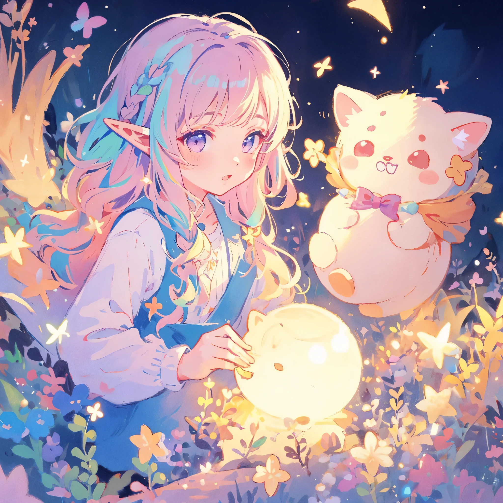 elf girl, bright colorful hair, magical, whimsical, fantasy, otherworldly, extremely detailed face, masterpiece, perfect illumination, (pastel colors)