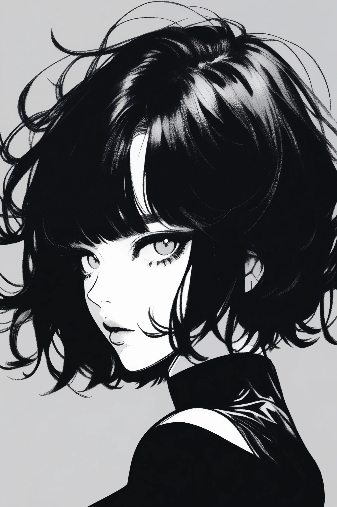 (best quality, sketch:1.2),realistic,illustrator,anime,1 girl, detailed lips, black dress,custom, (background dark monochrome),neon hair,textured cropping, masterpiece, style retro classic, noir dark, art, sketch book, (short hair black:1.75 neon:1.32), bad women , dark monochrome background, dark fantasy 