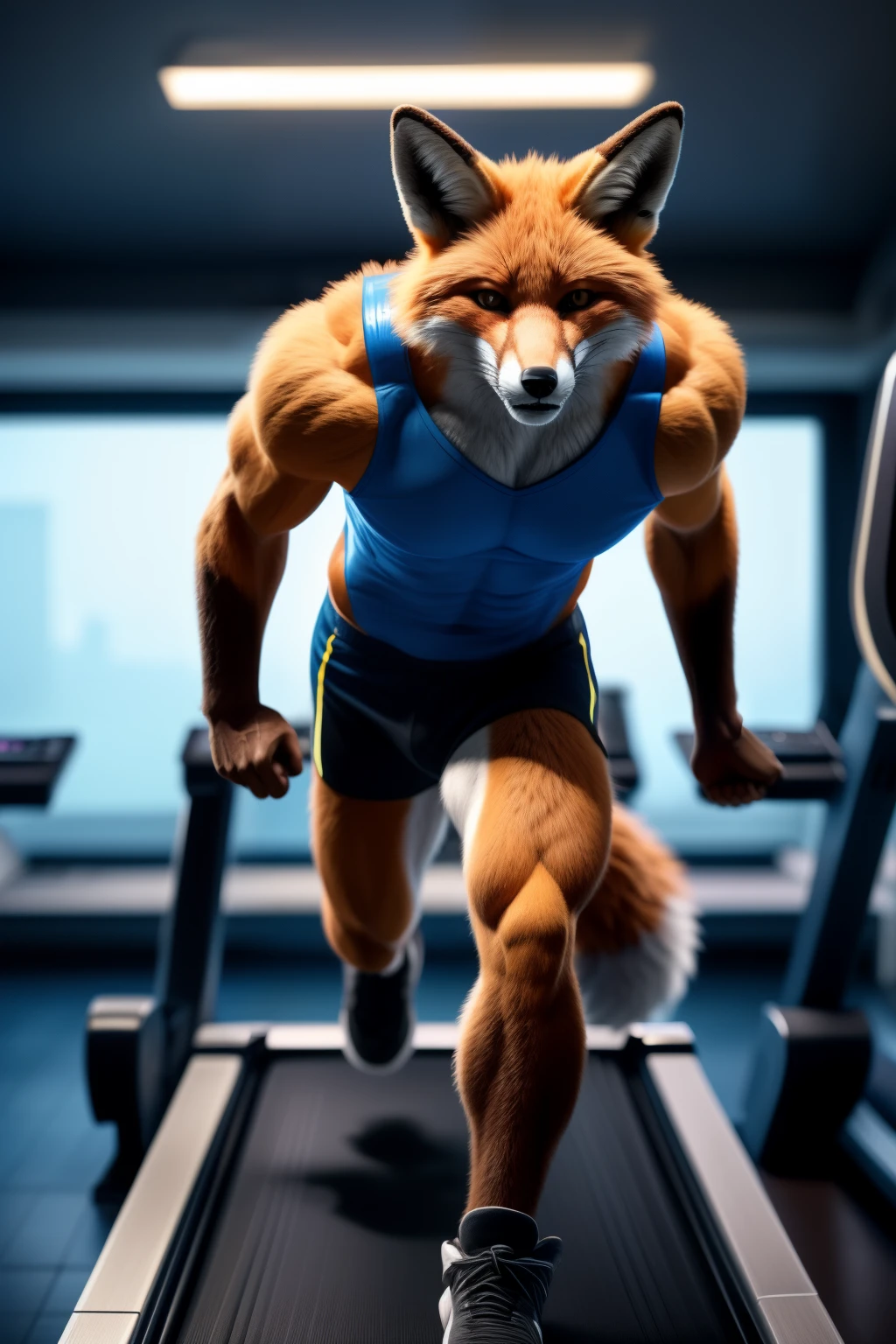 (By FoxyRuns, ultra detailed, high quality, realistic, masterpiece, trending on ArtStation, dynamic, action, motion blur, depth of field, 1 fox, anthro, muscular, agile, brown fur, fox mask, beady eyes, red nose, mid-run pose, treadmill belt, gym setting, intricate background, fluorescent lighting, sharp focus, determined expression, intimate, expressive, athletic, energetic)

Hey there! Here's a description that might fit your prompt of a fox running on a treadmill:

Who would have thought that a fox could keep up with the latest fitness trends? In this stunning