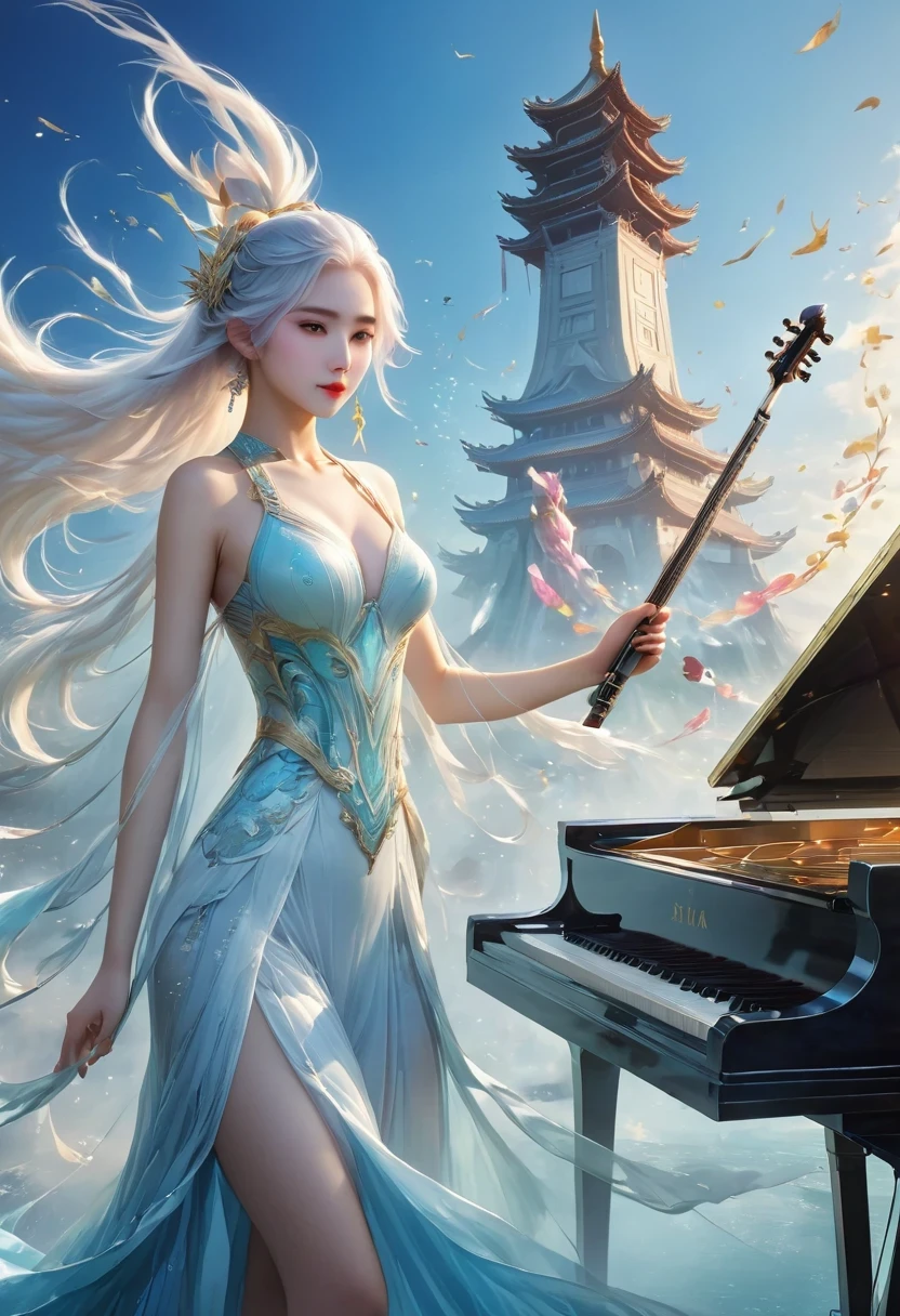 two girls, a girl holding a piano, A girl holds a pipa, white hair, xianxia fantasy, CG social popularity, china tower, Floating foreground, hair loose, motion blur, movie lighting, Blurred foreground, Motion line, high detail, 16K, high resolution, textured skin, Super details